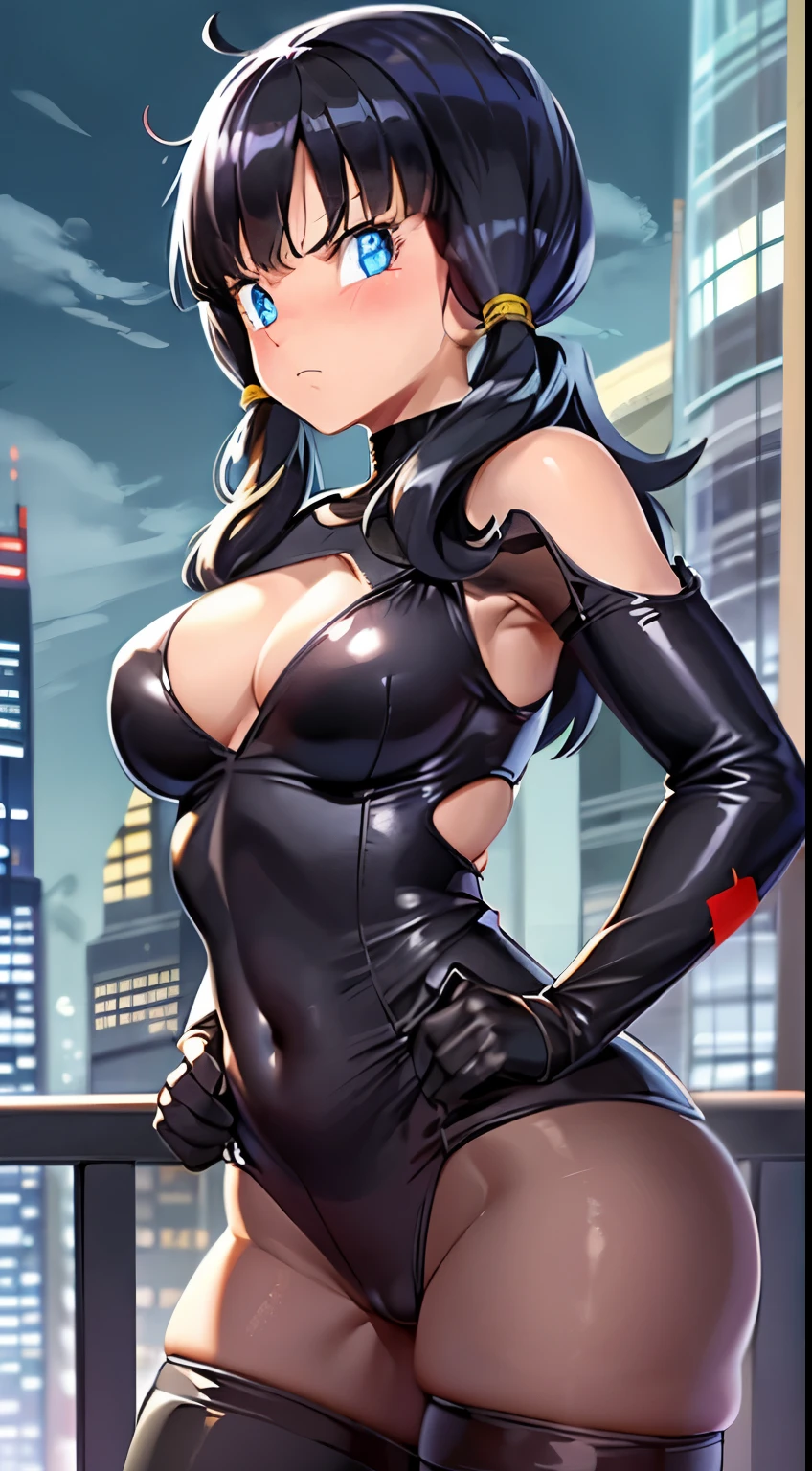 masterpiece, highest quality, High resolution, saw 2, alone, blue eyes, black hair, twin tails, bangs, medium breasts, cowboy shot, frown, embarrassed face,1 girl, alone,tight, black bodysuit, put your hands on your hips, looking at the viewer, city, night, standing on the edge of the roof, urban