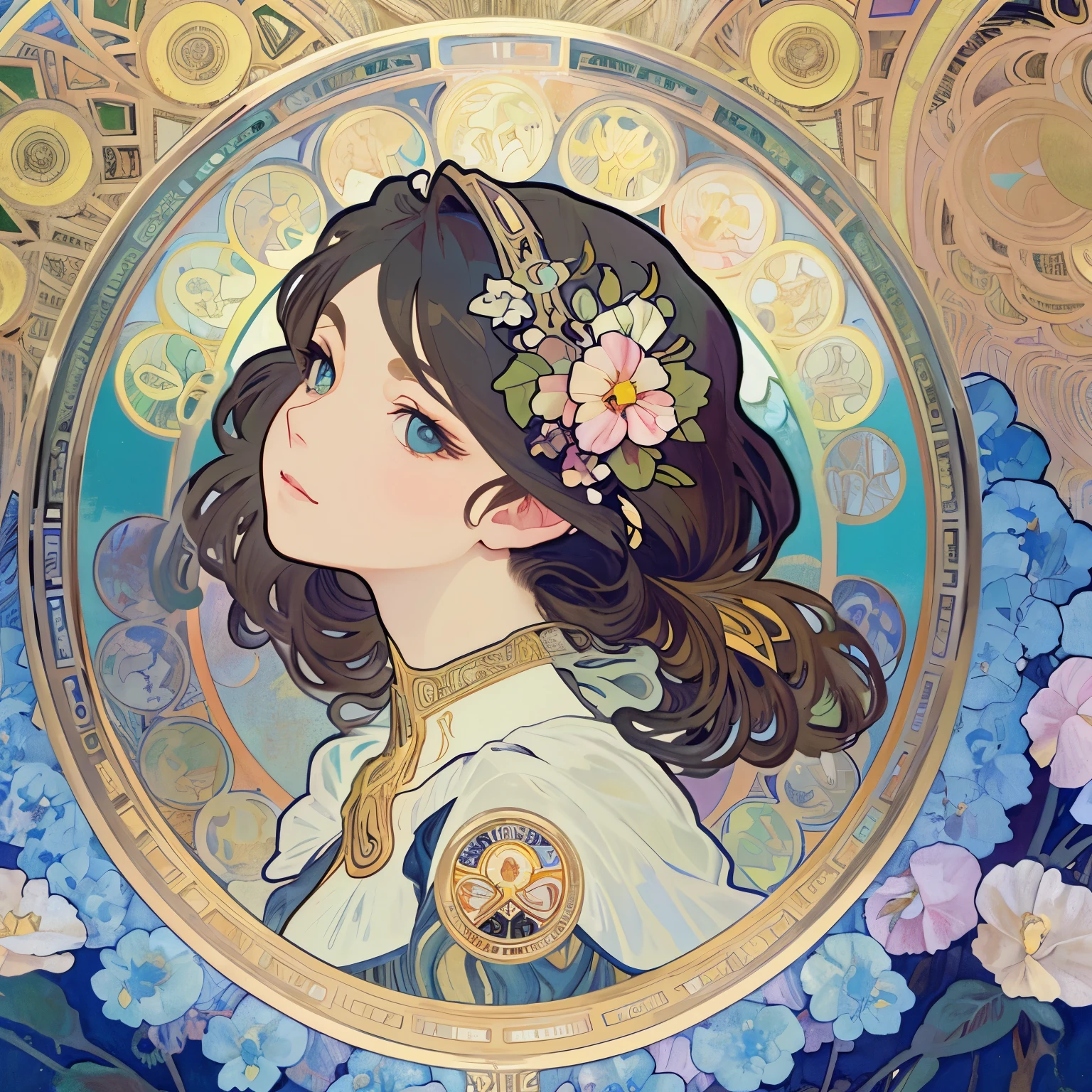 1 beautiful woman、(masterpiece、highest quality、highest quality、beautiful and aesthetic:1.2)、round picture frame、Rainbow-colored、sparkling jewelry hair ornament、flowers in full bloom、detailedジュエリー、dynamic、Based on the concept of an elegant woman、(((Alphonse Mucha)))、shining eyes、colorful hair、falling petals、Gradation、非常にdetailed、Complex、detailed, wonderful, Complex詳細,complementary color, realistic concept art, 8K resolution, 逸脱のmasterpiece、look up、In the form of tarot cards