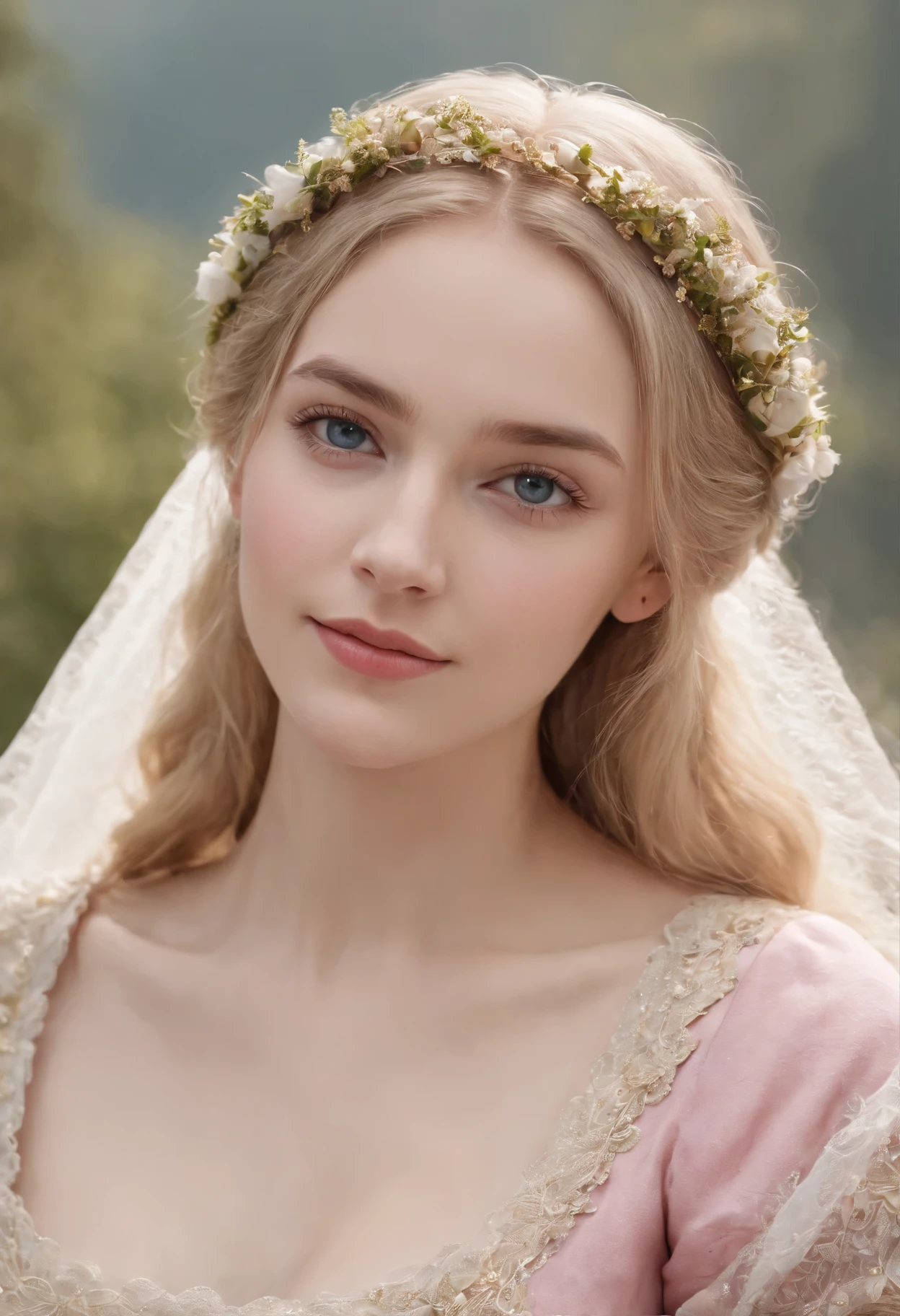Medieval noble, 1 girl, , dressing a pink and white medieval dress, Very detailed, visage innocent, natural wavy hair, blue eyes, light blonde hair High resolution, Masterpiece, Best quality, intricate high detail, highly detailed, sharp focus, detailed skin, realistic skin texture, texture, detailled eyes, professional, 4K, charming smile, filmed on Canon, 85 mm, shallow depth of field, Couleur Kodak Vision, perfect fit body, Extremely detailed, photographier_\(ultra\), photoreallistic, Realstic, Post-traitement, maximum details, roughness, real life, ultra realist, photorealism, photographie, 8K UHD, photographie, medieval atmosphere, medieval arcteture