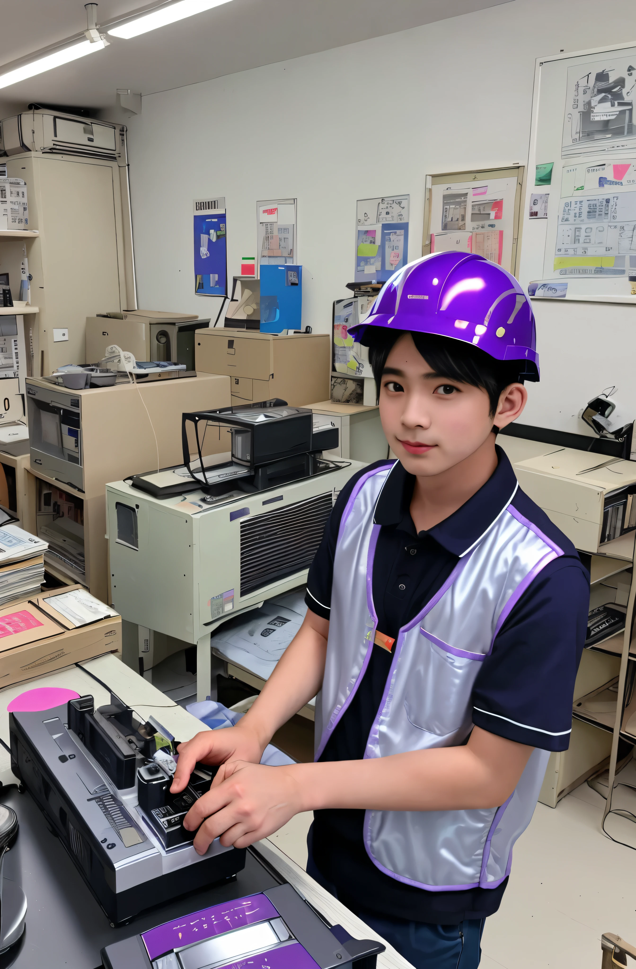 smile、factory、1 boy、、work、High school student data recorder、silver disc、purple record player、Cassette Deck、indirect lighting、Helmet、Work clothes、cigarette、small room