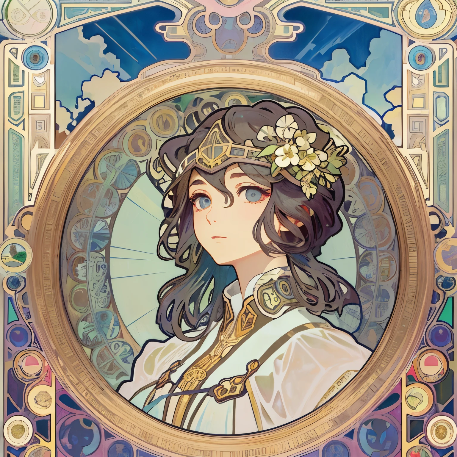 1 beautiful woman、(masterpiece、highest quality、highest quality、beautiful and aesthetic:1.2)、round picture frame、Rainbow-colored、sparkling jewelry hair ornament、flowers in full bloom、detailedジュエリー、dynamic、Based on the concept of an elegant woman、(((Alphonse Mucha)))、shining eyes、colorful hair、falling petals、Gradation、非常にdetailed、Complex、detailed, unreal engine, wonderful, Complex詳細, splash screen, complementary color, realistic concept art, 8K resolution, 逸脱のmasterpiece、look up、sunset
