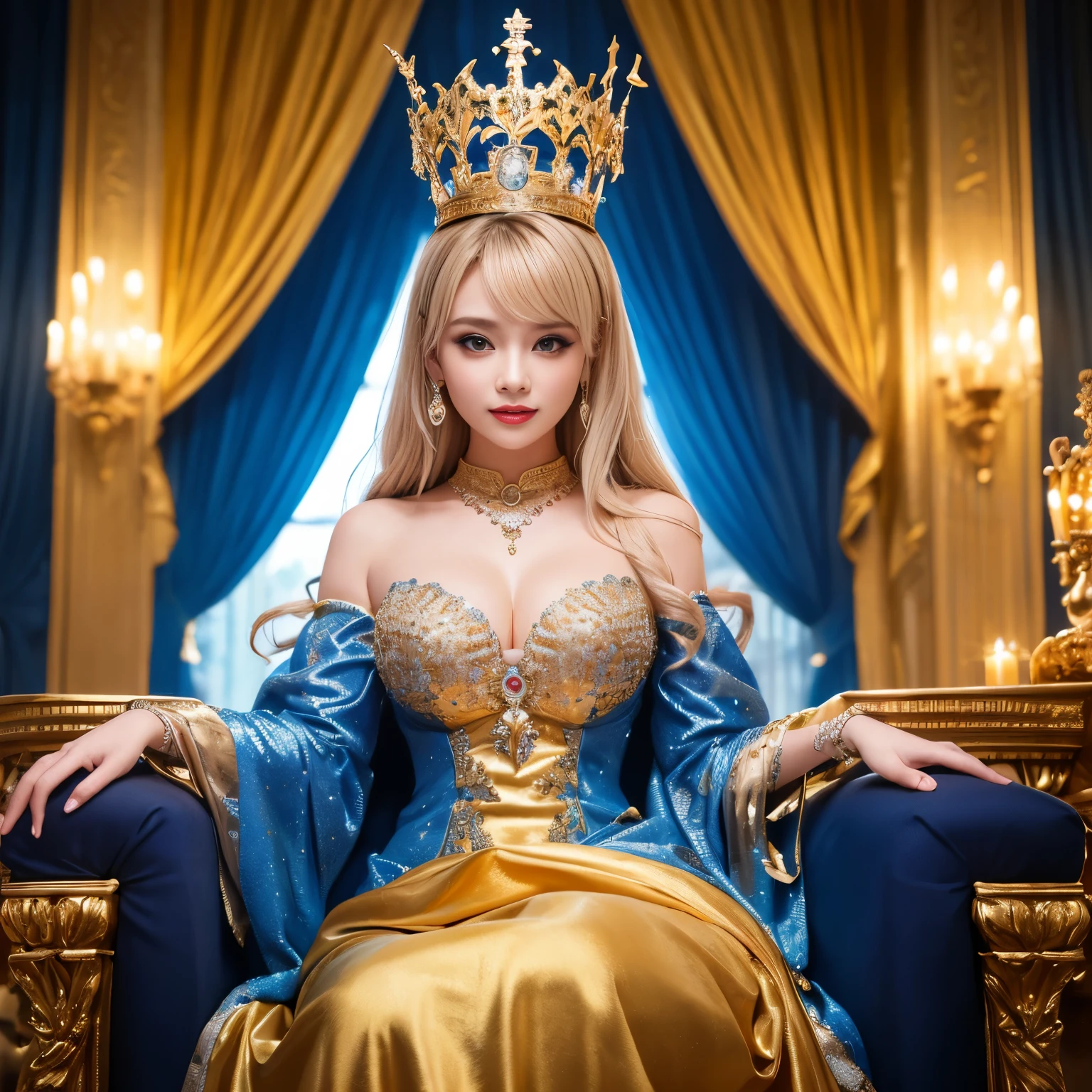 ((top-quality、masutepiece、8K、Top image quality、Highly complex and detailed depictions))、one prostitute goddess、Light yellow hair, The best luxury where everything is unimaginable、The most gorgeous and majestic prostitute costume、Surrounded by baby blue curtains、blue lighting、Sit on a super-huge throne、The background is the most luxurious and complicated princess room、(Warm mood lighting:1.1)、(mid night:1.3)、(Background completely surrounded by curtains:1.3)、(blurry backround:1.1)、(moody dim room:1.3)、(The background is all gold and blue:1.2)、Shine intricately、The biggest smile staring at the camera、(spectacular movie lighting:1.1)、(very romantic atmosphere:1.1)、(very romantic performance:1.1)、Upper body photo、(The most gorgeous and majestic throne:1.1)、(bluethrone:1.1)、artistic décor、Large amount of jewelry decoration、The most luxurious and huge tiara、detailed ornament、glowing gemstones、giant blue costume、(big blue and gold sleeves:1.1)、Very fine decoration、Very complex decoration、royal, yudai、(Frontal close-up:1.1), a throne、(Symmetrical composition:1.1)、huge and magnificent throne, "Lala" decoration , with a background that says "LALA":1.1