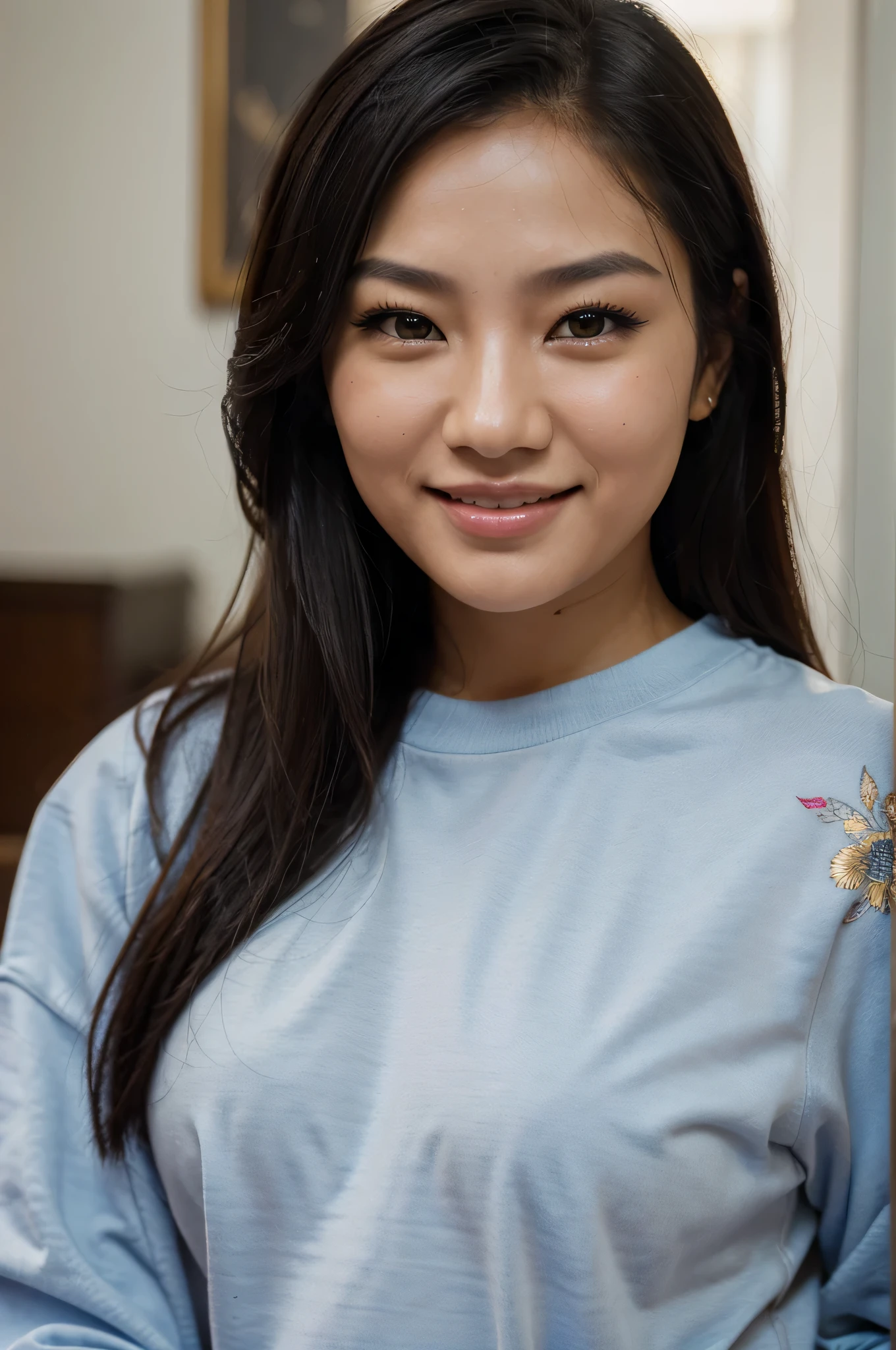 close-up portrait of asian woman with a cute smile, rich colors, depth of field, wearing a sweatshirt, detailed skin pores, hyper-realistic skin, intricate details, best quality, 8k, highres, UHD, sharp focus, natural lighting, f/2.8, 35mm, film grain, black hair, long hair, undercut, attractive girl happy, amber eyes,