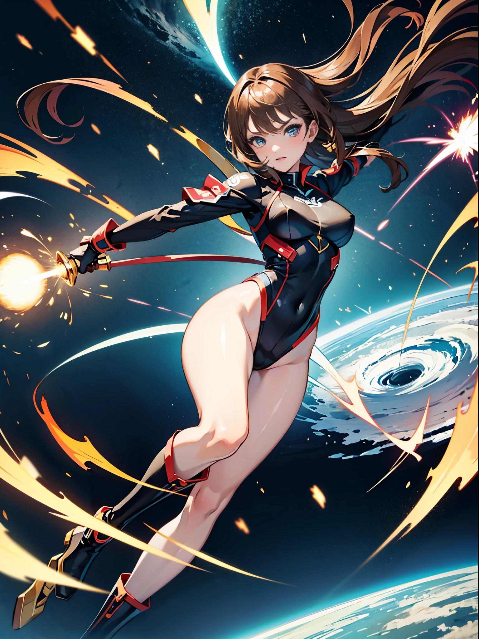 masterpiece, best quality, 1girl, superhero, two-tone leotard, bare legs, knee boots, matching boots, heroic, standing, body infused with energy, light particles, solo, single, cowboy shot, perfect anatomy, brown hair, beautiful detailed eyes, spread arms, spinning, spins fast in place like a tornado, twirling in place, tornado spinning, rapid gyration, space backdrop, motion blur, speed lines, tornado, energy circling her body, emphasis lines