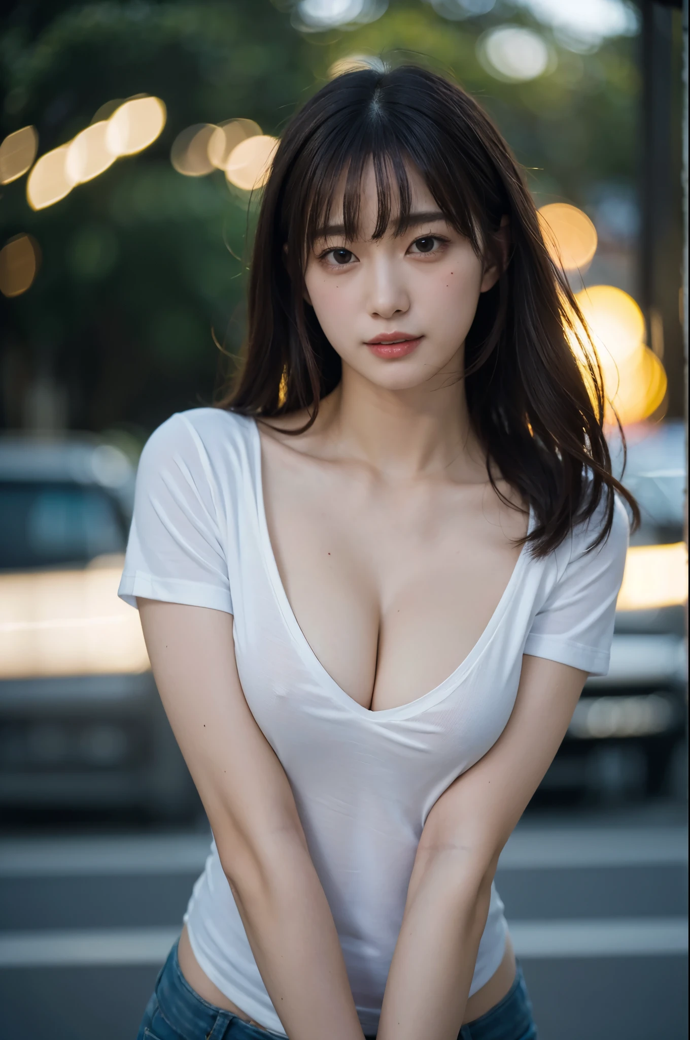 (masterpiece, best quality:1.3), 8k, official art, raw photo, absurdres, looking at viewer, upper body, natural, candid, (tight t-shirt:1.2), beautiful girl, pretty face, cinch waist, , facelight, film grain, chromatic aberration, sharp focus, dynamic lighting, cinematic lighting, detailed eyes and face, (smile:0.6), (hotpants:0.4), (bokeh background:1.2), ((cleavage))