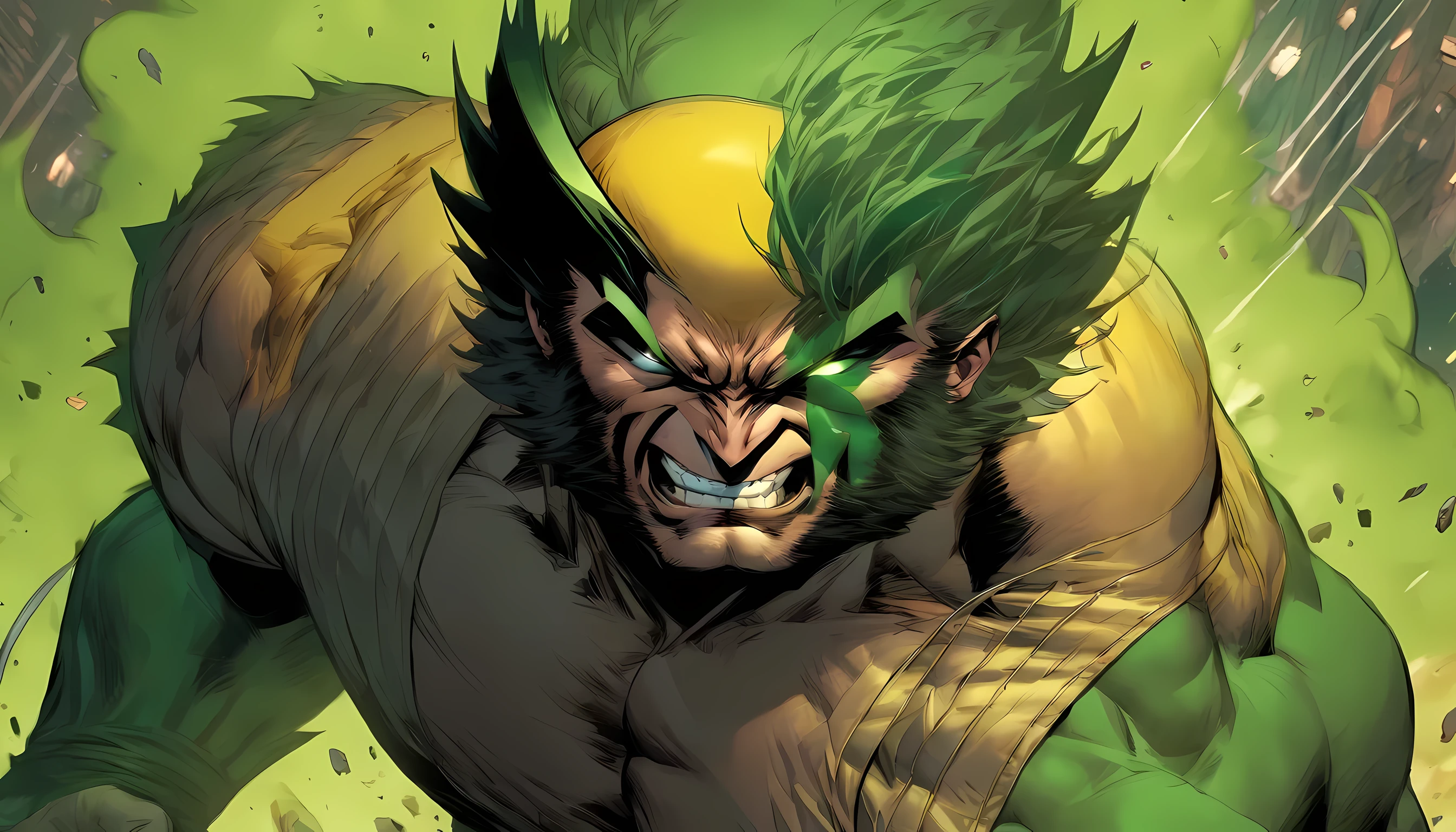 wolverine but have green skin color and muscular body like hulk, standing pose, full-body illustration