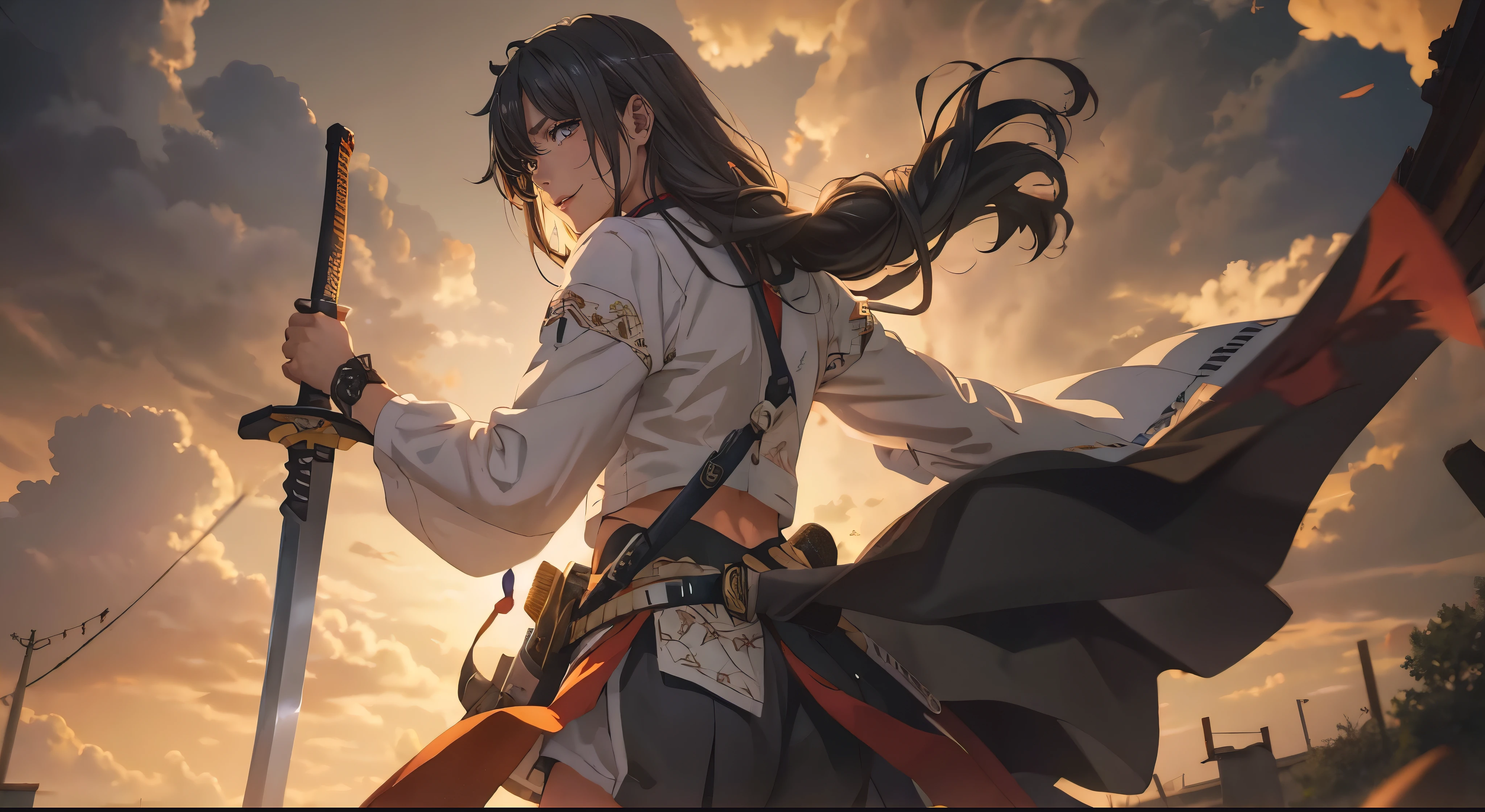 yukinoshita yukino, (long hair, black hair:1.5), grey eyes, sweating, glowing eyes, heavy breathing, female focus, sword, holding, solo, wide_sleeves, 1girl, black_hair, holding_sword, bare_shoulders, detached_sleeves, looking_at_viewer, long_sleeves, standing, breasts, floating_hair, sunset, katana, cowboy_shot, cloud, midriff, medium_breasts, looking_back, back, "glow effects, godrays, Hand drawn, render, 8k, octane render, cinema 4d, blender, dark, atmospheric 4k ultra detailed, cinematic, Sharp focus, big depth of field, Masterpiece, colors, 3d octane render, 4k, concept art, trending on artstation, hyperrealistic, Vivid colors, extremely detailed CG unity 8k wallpaper, trending on CGSociety, Intricate, High Detail, dramatic", anime coloring, anime screencap, sweating, steaming body, fog