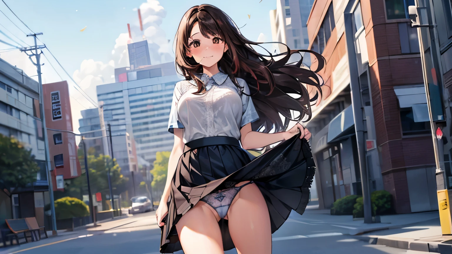 1 female,dark brown hair,long wavy hair、20 year old woman、medium big breasts、((impatient look)),Beautiful Chuo University、{{mini flare skirt}},good style,,(facing the front)、(Cute expression with a shy smile)、((cheeks turn red、embarrassed look)),((((The wind blows up my skirt))))、((I can see the pussy))、(((Light blue lace panties))),{{{I can see the bra}}}