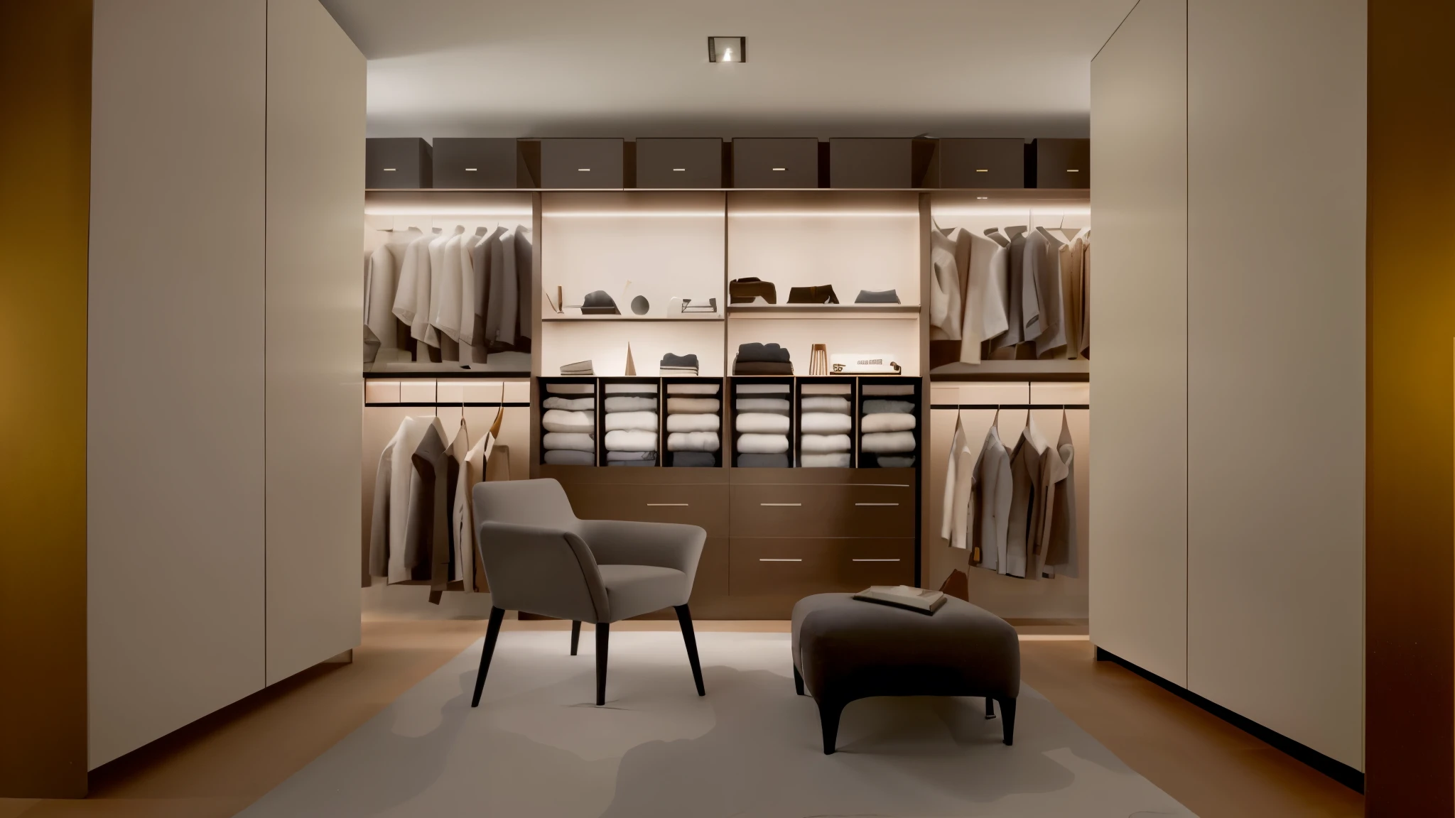 There is a chair and a footstool in Arafad&#39;s wardrobe, elegant wardrobe, Elegant futuristic wardrobe, elegant minimalism, Organized, smooth curves, Neat and tidy, author：Jürgen von Hunderberg, modern gallery furniture, armani, real reality images, designer furniture, clean and Organized, Exquisite details, Featured Collection, cabinet furniture, Live, Luxurious materials