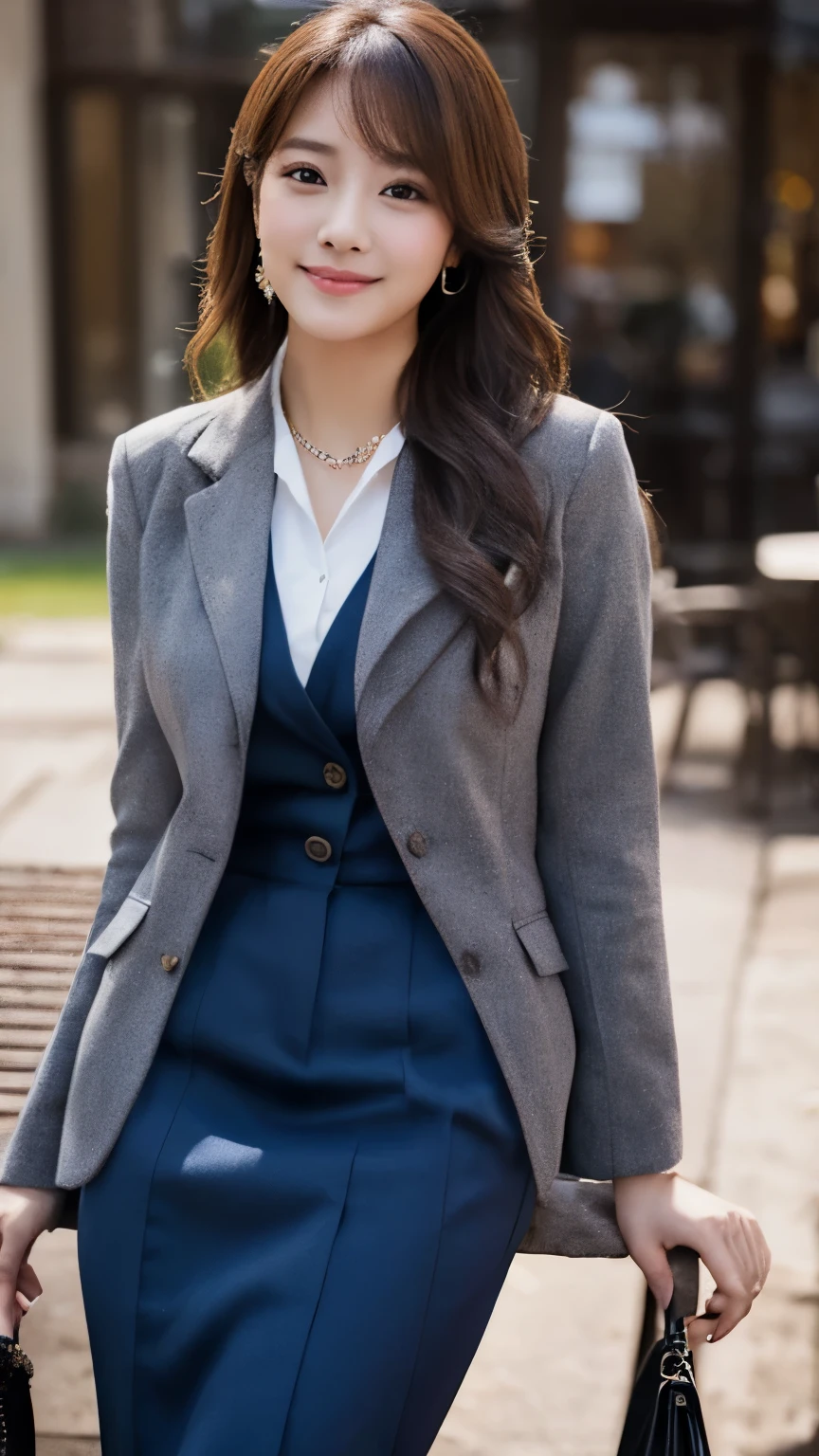 navy suit,gray coat,handbag,highest quality, masterpiece, ultra high resolution, 8k, born, (photo-realistic:1.4), Physically based rendering, Depth of the bounds written,sit on a chair at a coffee shop
