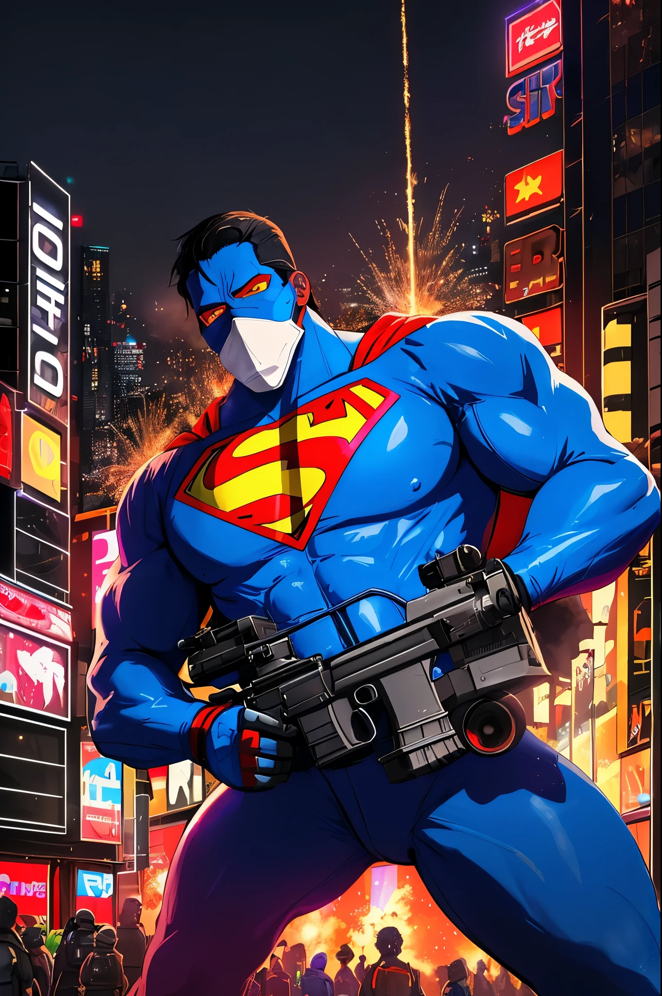 (best quality,highres),apex thug wearing a bunny mask and superman costume,2 bazookas,5 stars flashing above him,video game burning city,night view,gritty and realistic,explosions and smoke,city skyline,flickering neon lights,dynamic action,street chaos in the background,vibrant colors,comic book style