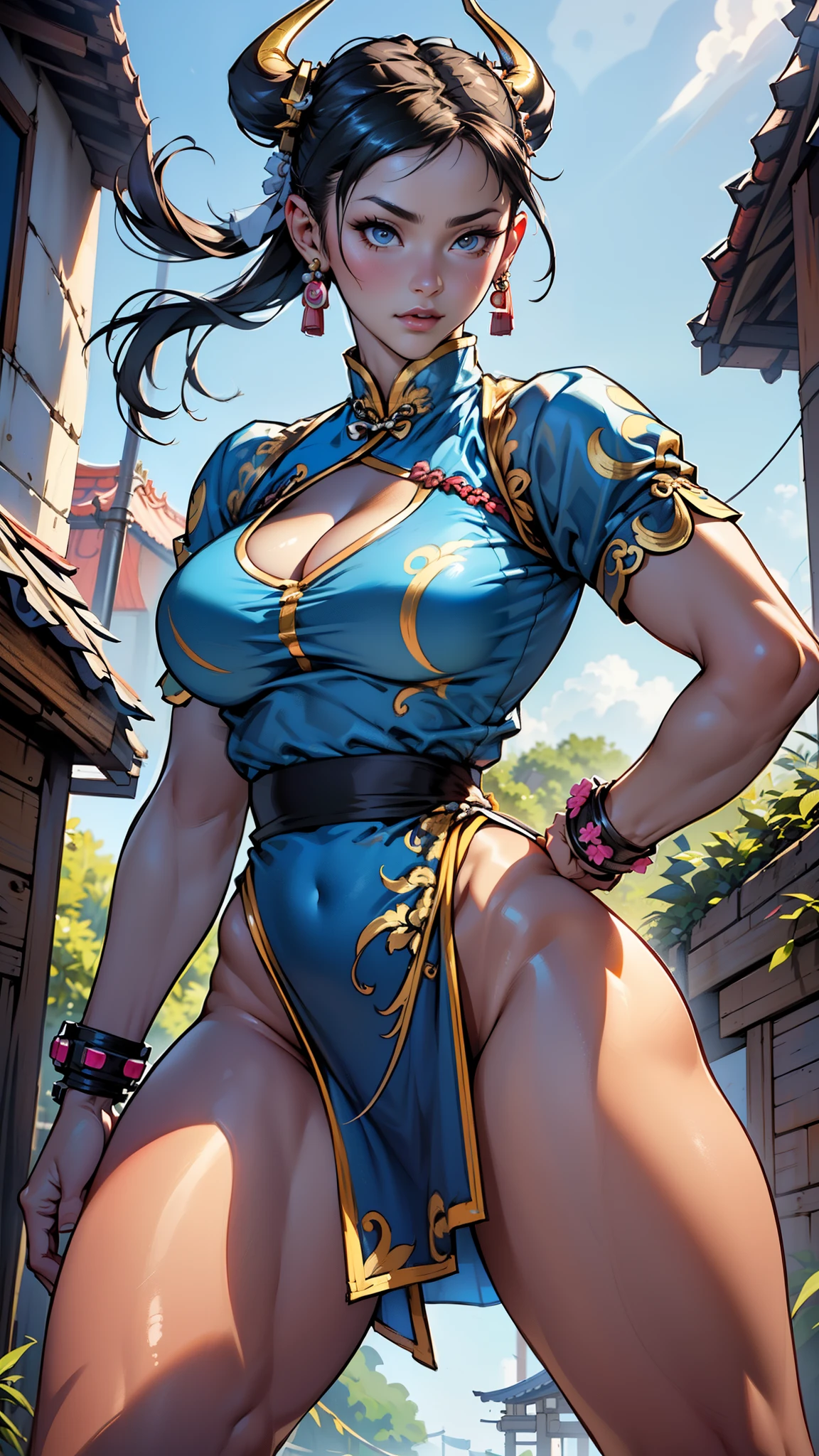 Create a hyper-realistic masterpiece, sexy realistic body, (Chun-Li), cinematic, photorealistic, photogenic, Goddess of beauty, she is adorable, has well-shaped lips, light honey eyes, martial arts fighter expression. She is known for her classic and graceful beauty, very pretty girl, extremely beautiful, Super tall model, defined body with sexy curves and thick legs. the iconic character from the sixth Street Fighter game. (Capture her dynamic fighting stance and powerful kicks with exquisite details, legs bared, showing her pert ass, Pussy showing). ((sexy qipao dress modified to show her legs and her transparent lace panties, erotic qipao dress, qipao micro swimsuit showing her pussy, qipao showing pink lace micro panties that go up to her waist, transparent pink thong panties showing pussy, pussy sticking out of qipao)), (impressive cleavage showing huge breasts, big natural breasts, pointy, big full breasts, hot erotic chun-li). The image must be in high definition (hard drive) and rendered in stunning 8K resolution, showing all the intricate features and textures. (Pay attention to the details of Chun-Li's costume, including her traditional qipao dress and her unique ox horn hairstyle). Use dramatic lighting to increase the scene's cinematic intensity, emphasizing your strength and determination. This photographic request aims to immortalize Chun-Li as a true work of art, showing her beauty, her toned and sensual body, her grace and prowess in martial arts. Focus on the character, focus on every detail of the outfit.