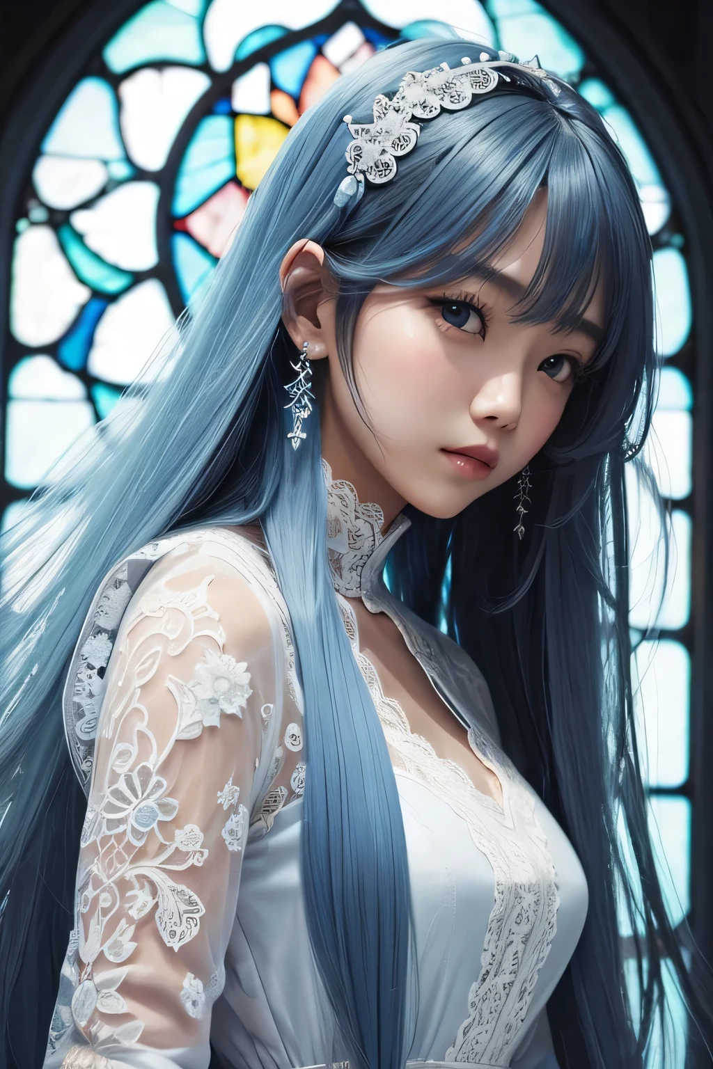 hair ornaments、((photo taken from below))、break、((white lace dress))、break、beautiful girl monk、(((light blue long hair)))、stained glass background