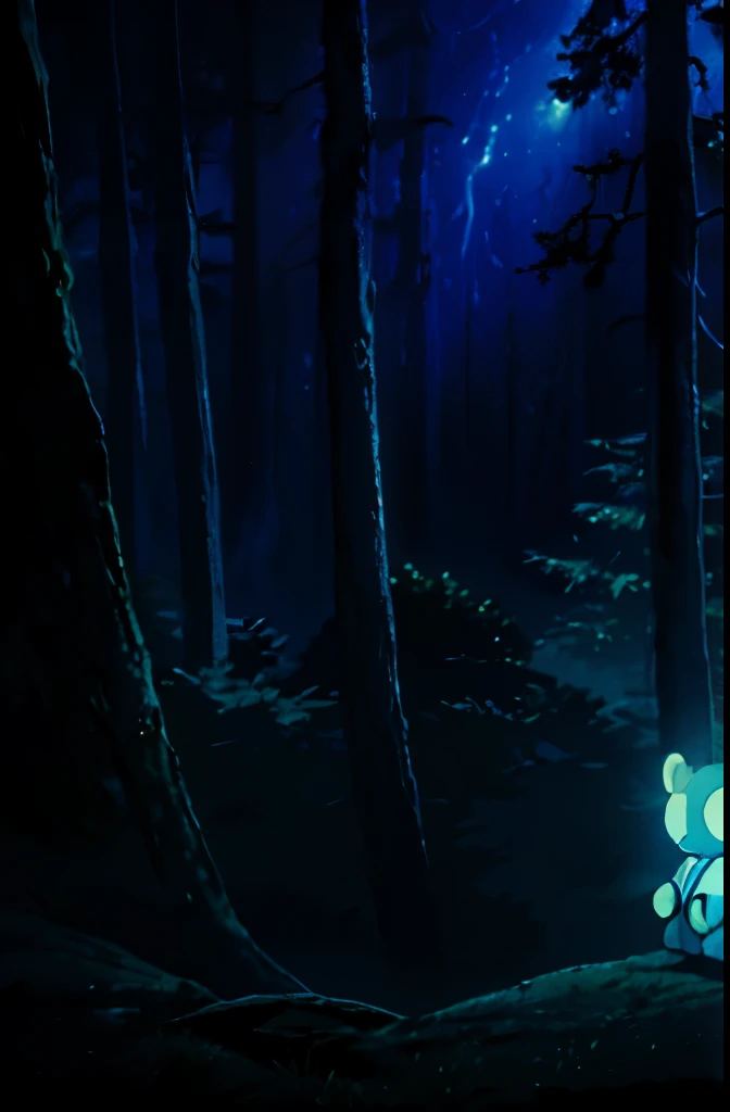 (A teddy bear with an aura of energy in a dark forest),illustration,plush,soft texture,energy field,mysterious atmosphere,enchanted forest,moonlight,foreboding shadows,magical ambiance,best quality,ultra-detailed,realistic,portrait,dark and vibrant colors,gentle lighting