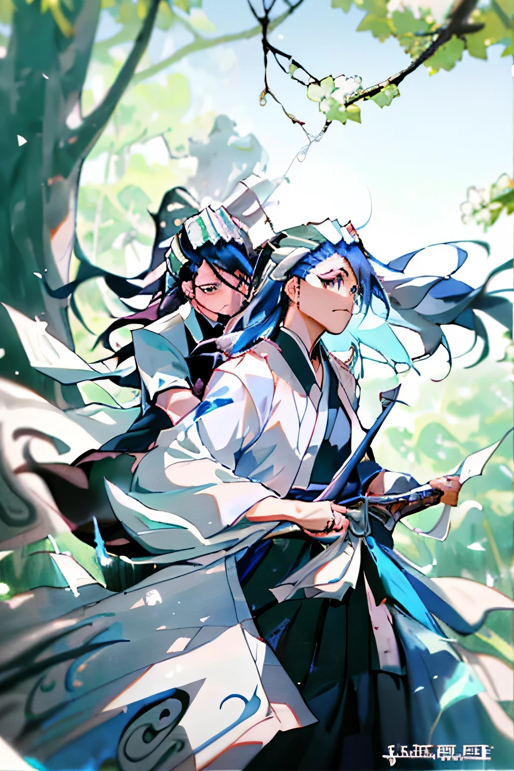 Two women with blue hair and white shirts standing in the forest, flowing hair and gown, from Arknights, White-haired God, anime long hair girl, demon slayer: Rui Fan Art, palace ， girl wearing hanfu, Inspired by Ma Yuanyu, author：Yang Jie, inspired by Guan Daosheng, anime wallpaper, Beautiful anime style