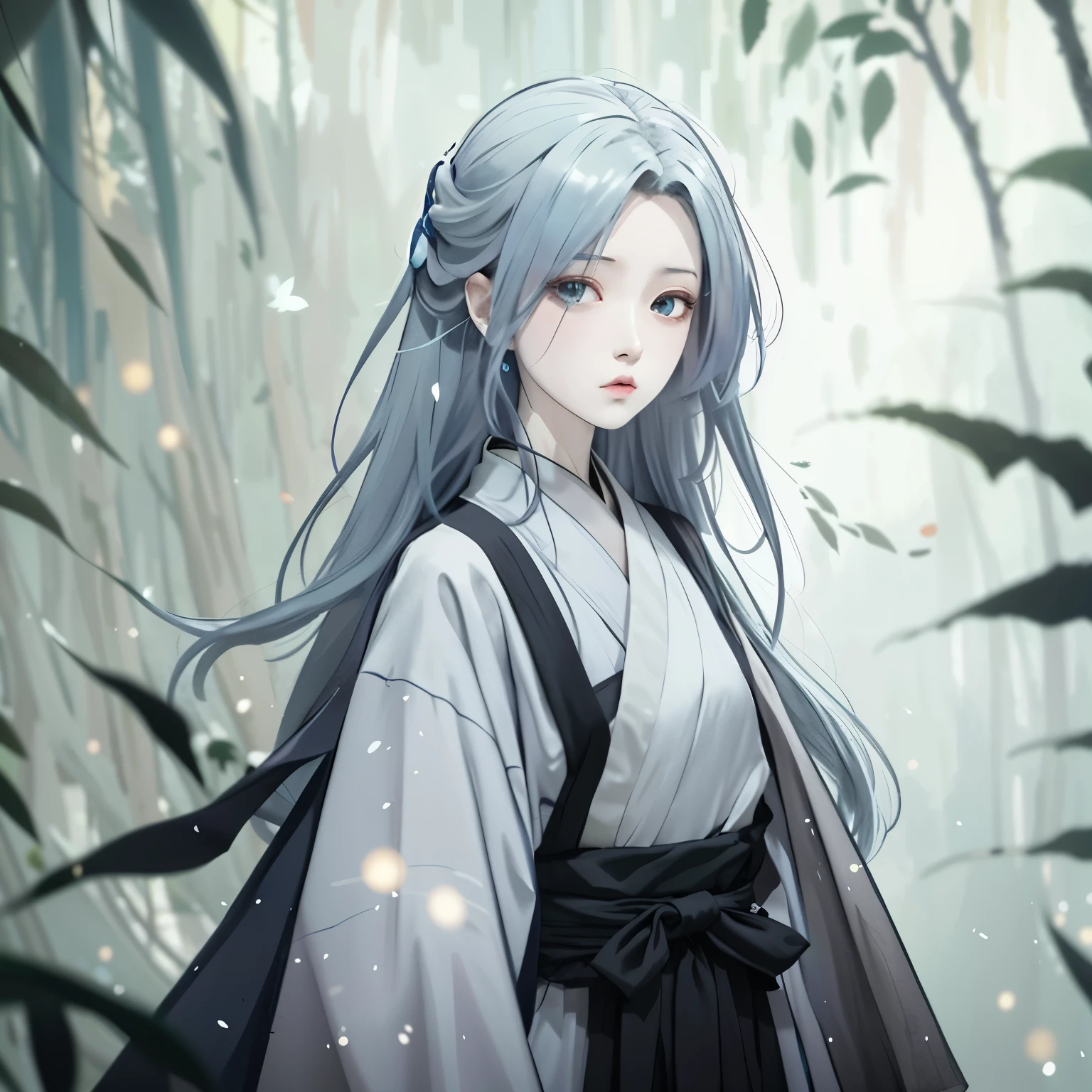 A woman with blue hair and a white shirt stands in the forest, flowing hair and gown, from Arknights, White-haired God, anime long hair girl, Demon Slayer: Rui fan art, palace ， A girl wearing Hanfu, Inspired by Ma Yuanyu, author：Yang Jie, inspired by Guan Daosheng, anime wallpaper, Beautiful anime style