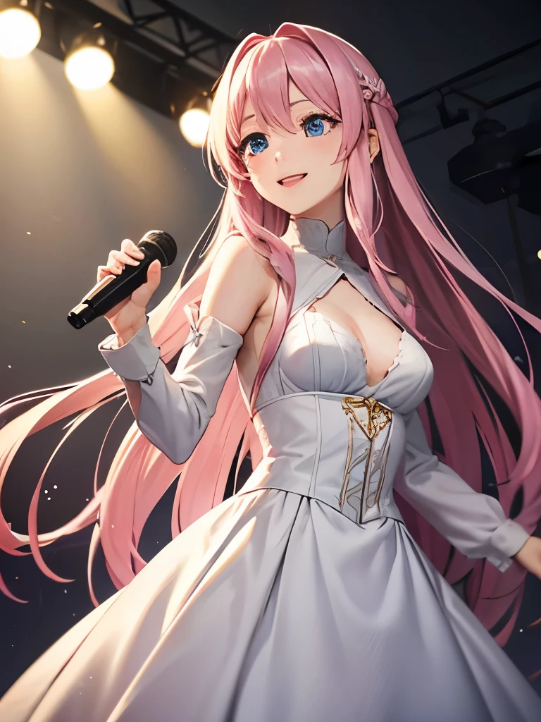 pink long hair、medium breasts、pale blue eyes、singer、singing、concert、smile、white dress