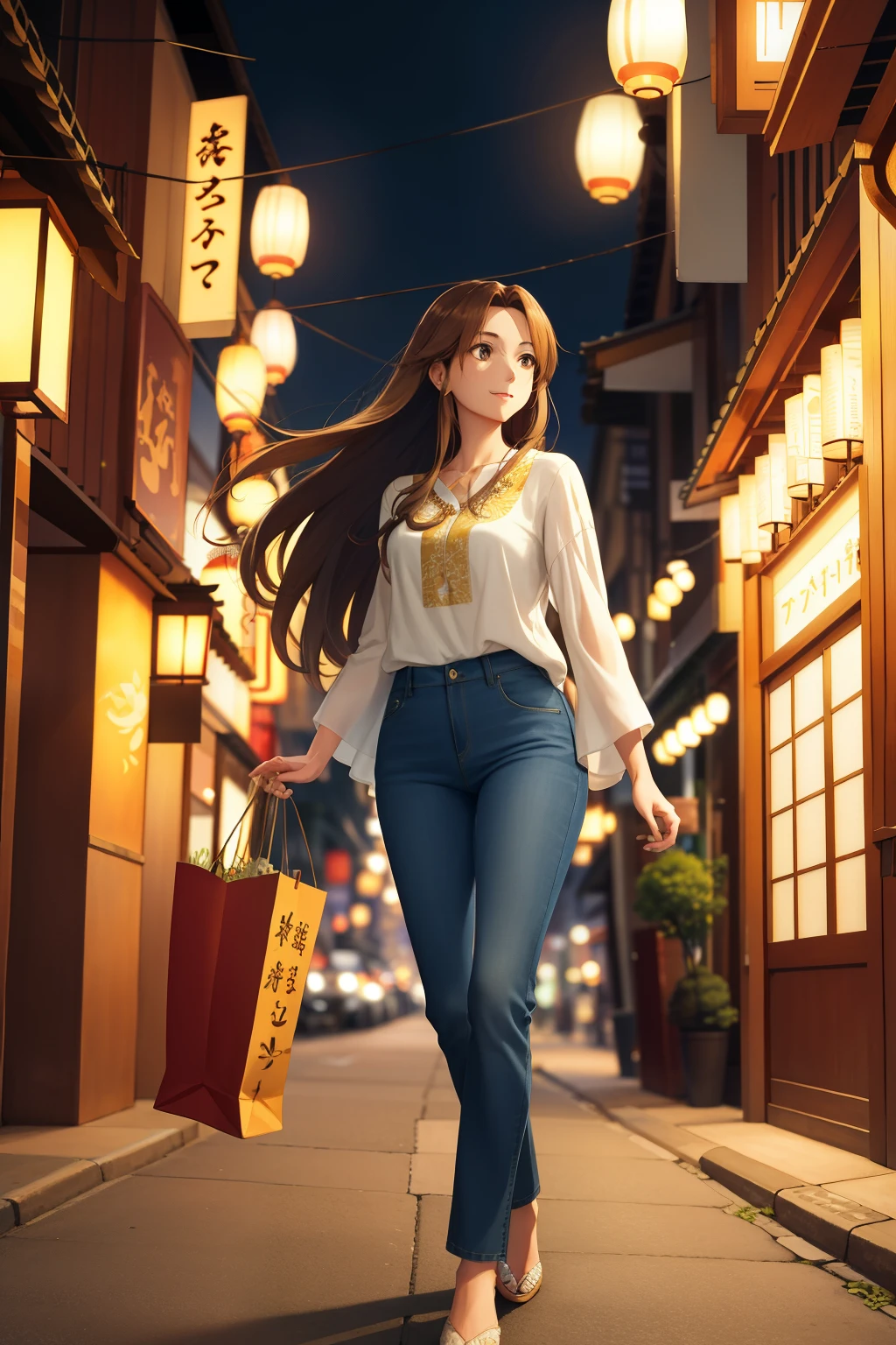 A captivating brown-haired woman, with long, luscious locks flowing in the gentle breeze, strolls down a vibrant Japanese street. Clad in a pristine white blouse and well-fitted jeans, she exudes an aura of calm elegance. The sun sets behind her, casting ethereal golden hues over the scene and illuminating the street with the soft, warm glow of streetlights.

As she passes by shops adorned with intricate lanterns and enticing aromas wafting from local eateries, she pauses, making her way into a quaint clothing store. Her eyes sparkle with excitement as she surveys the assortment