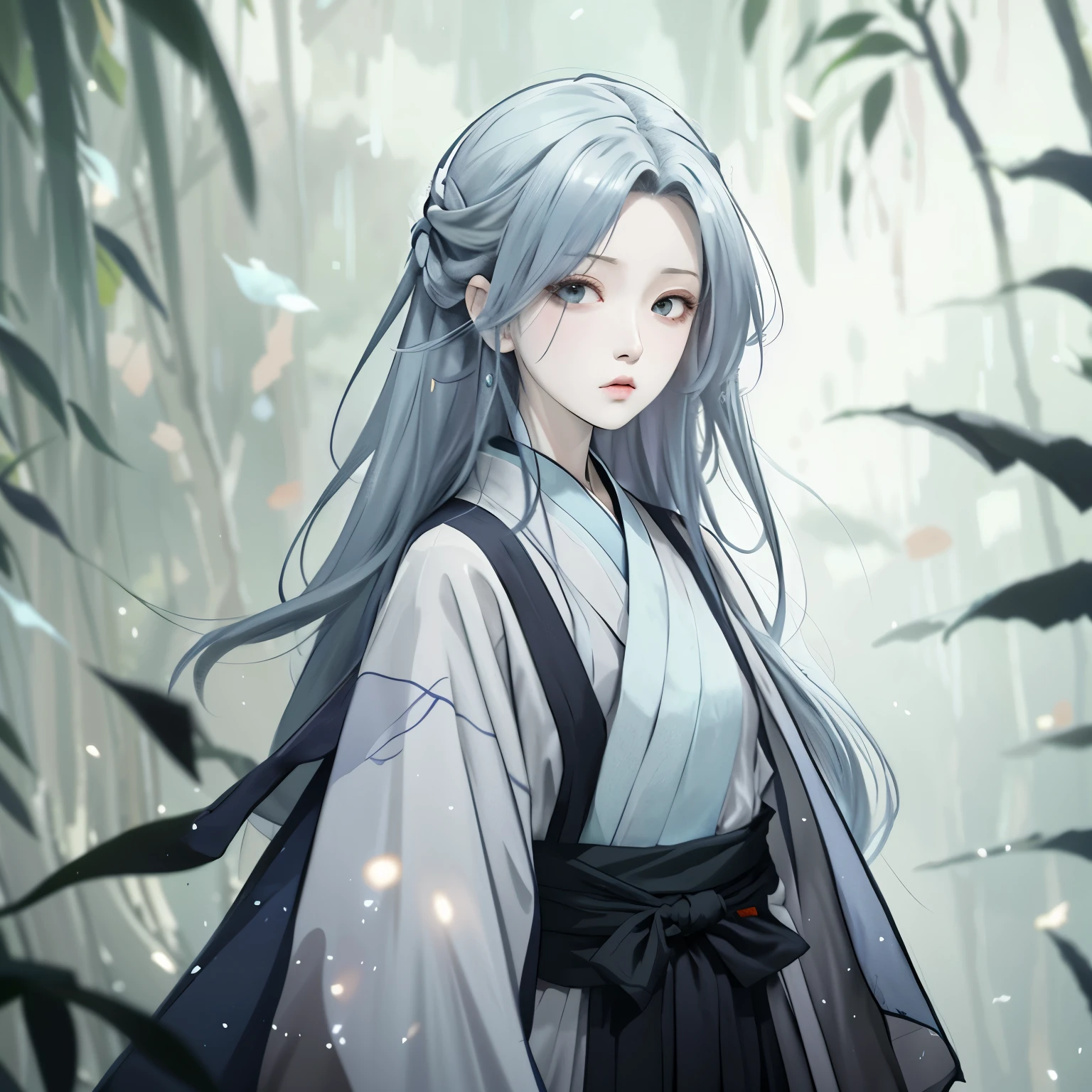 A woman with blue hair and a white shirt stands in the forest, flowing hair and gown, from Arknights, White-haired God, anime long hair girl, Demon Slayer: Rui fan art, palace ， A girl wearing Hanfu, Inspired by Ma Yuanyu, author：Yang Jie, inspired by Guan Daosheng, anime wallpaper, Beautiful anime style