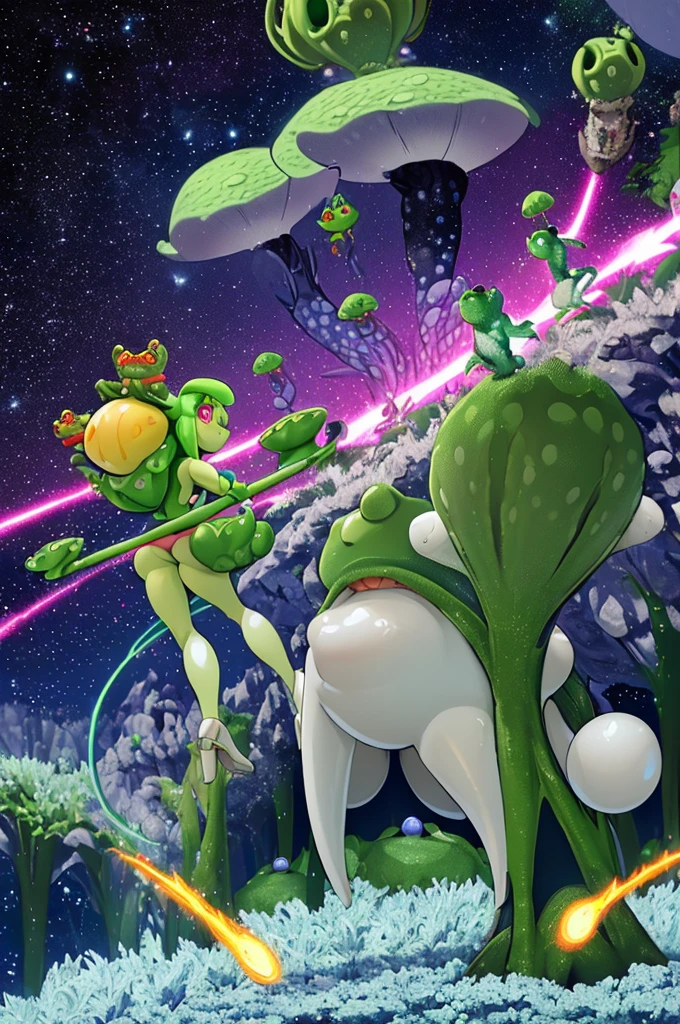 (On a planet where frog people) (live in toadstool architecture), (a sexy toad woman with a large bust, wide hips, powerful legs, and wields 2 black energy tentacle whips, action pose)