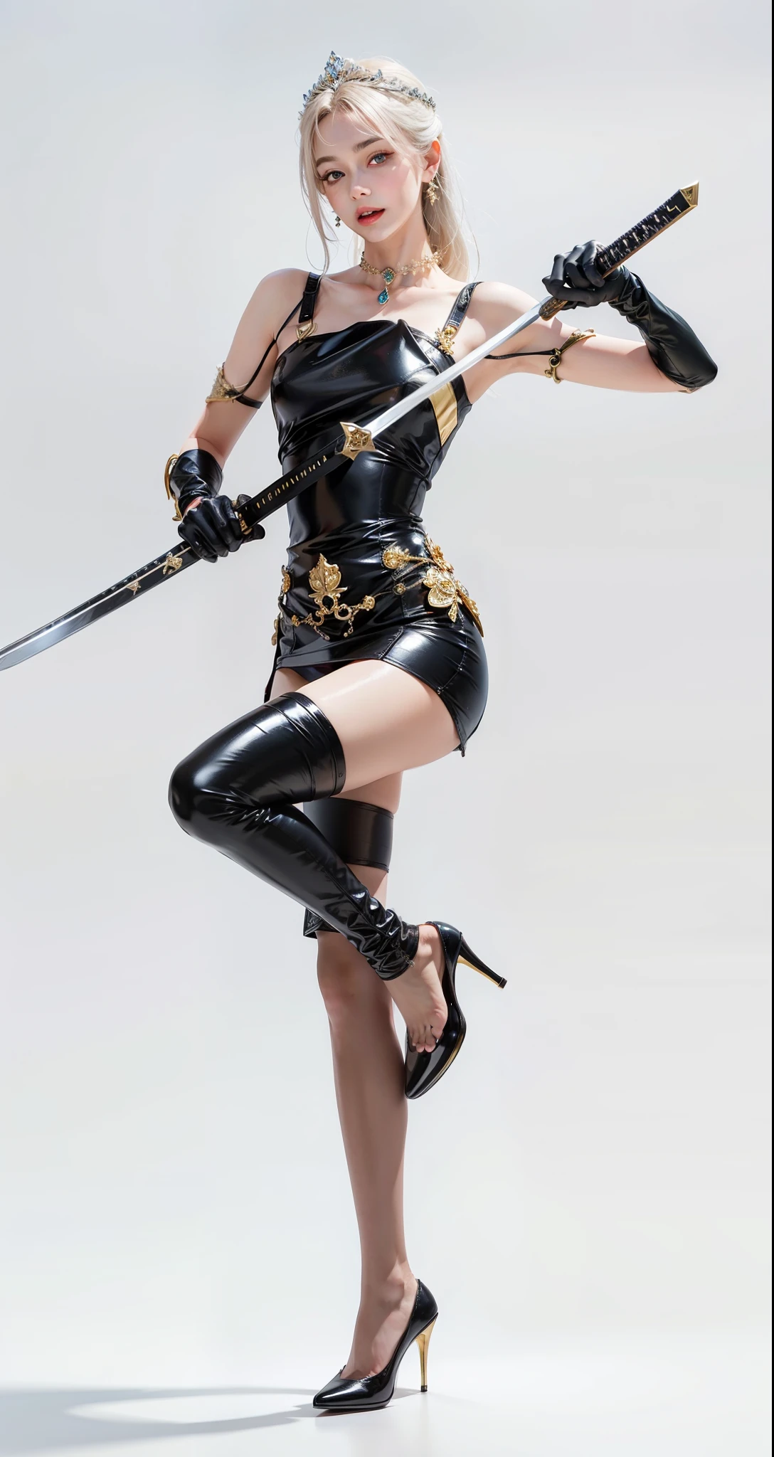 Royal sister,exquisite eyes,Detailed facial expressions,mature body,tall figure,number,Leg length,4k,HD,Sensual,White translucent lace,Fair and plump figure,pretty face,Little cherry mouth,beautiful and delicious(3D royal sister),Gorgeous dress encrusted with gemstones crystal gold diamonds,gloss gel coat,the most beautiful face,holding sword in hand