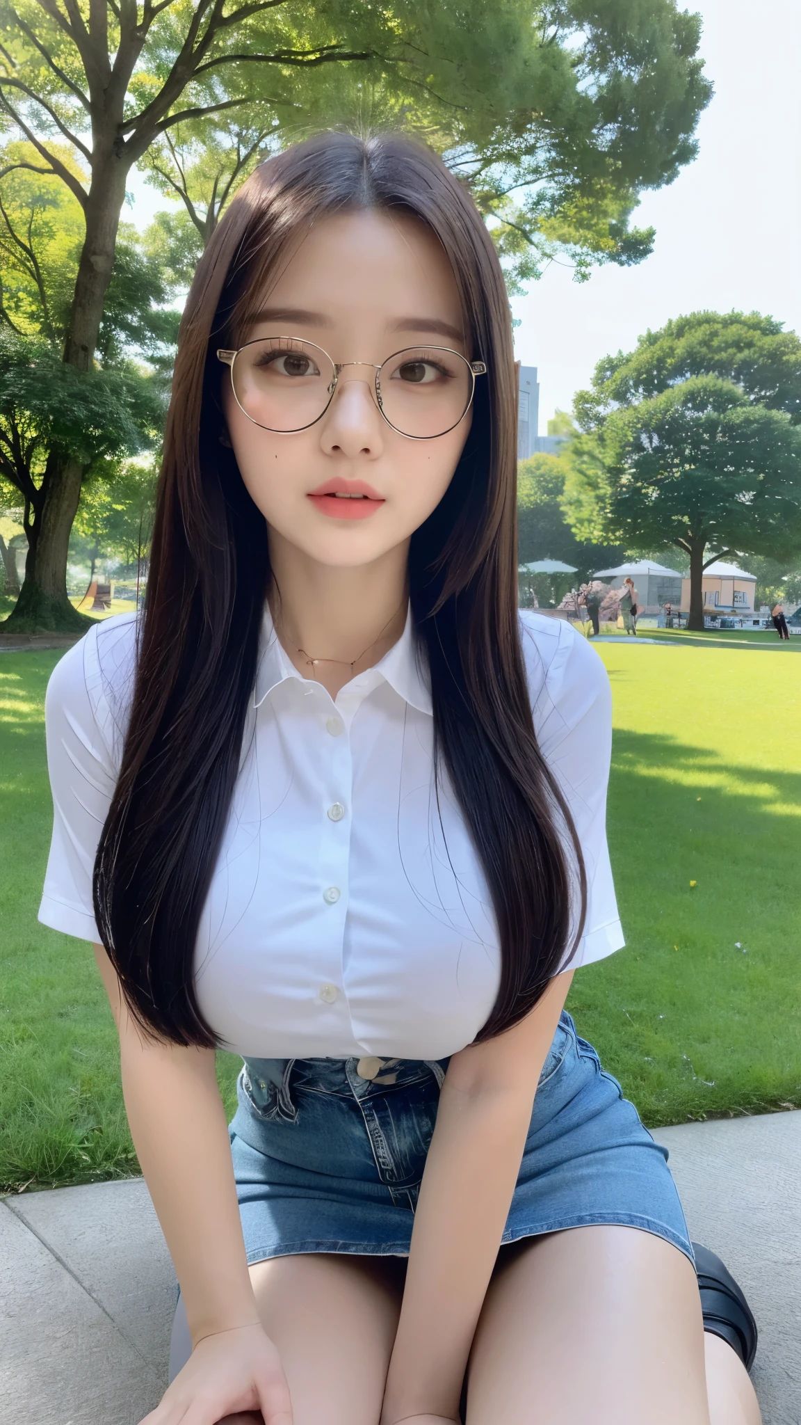 (8K, best quality:1.2), (masterpiece:1.37), (high sharpness) Masterpiece, best quality, (highly detailed photo:1.1), a beautifull girl with glasses, chubby face, big breast, wearing white shirt, blue mini skirt denim, sit in the park