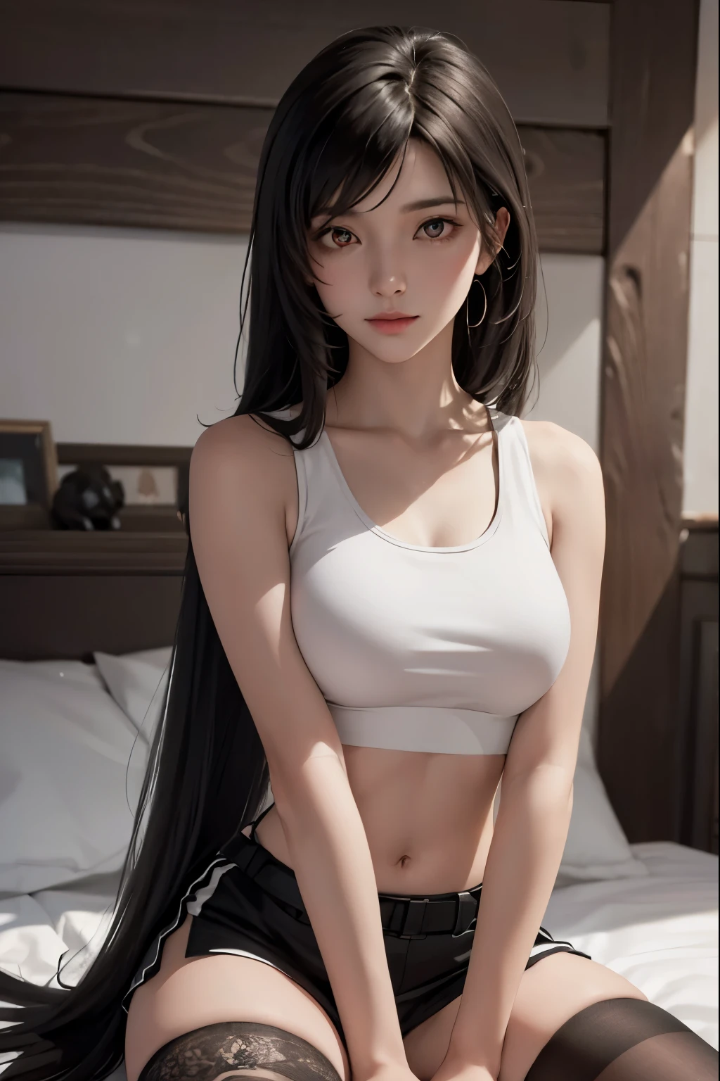 tifalockhart, tifa lockhart, black hair, long hair, (low-tied long hair:1.5), (red eyes:1.5), swept bangs, single sidelock,
BREAK arm guards, bare shoulders,  black skirt, black sports bra, black thighhighs, collarbone, crop top, earrings, jewelry, midriff, navel, single earring, skirt, sports bra, suspender skirt, suspenders, tank top, teardrop earrings, thighhighs, (white tank top:1.5), zettai ryouiki,
BREAK looking at viewer, full body,
BREAK outdoors,
BREAK (masterpiece:1.2), best quality, high resolution, unity 8k wallpaper, (illustration:0.8), (beautiful detailed eyes:1.6), extremely detailed face, perfect lighting, extremely detailed CG, (perfect hands, perfect anatomy),