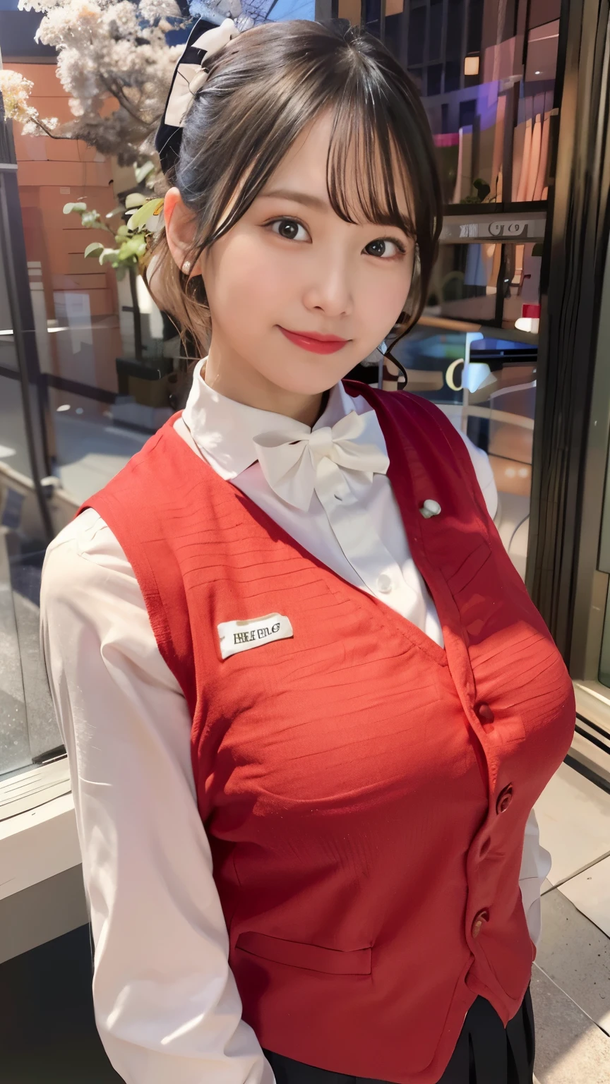 A close up of a woman in a red vest and white shirt - SeaArt AI