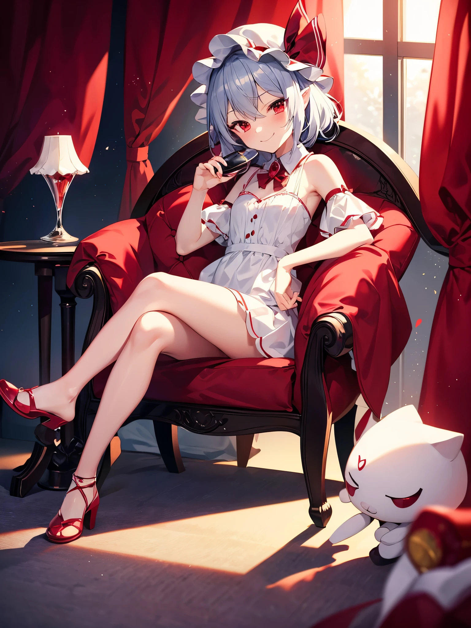 chibi, Remilia Scarlet, Dark room, plush chair, crossed legs, holding wine cup, scowling smile, wine bottle on side table, flat chest, night, white dress, 