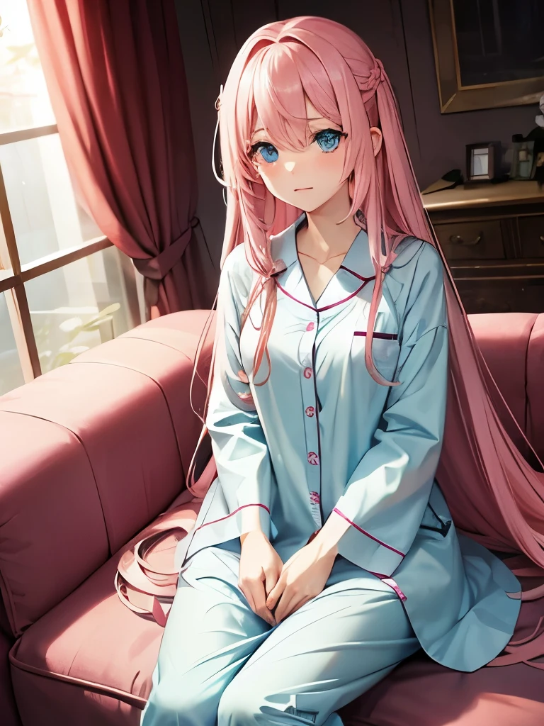 2d, masterpiece, best quality, anime, highly detailed, cowboy shot, 1girl, solo, fujiwara chika, blue eyes, pink hair, hair bow, black bow, animal pajamas ,large breasts, indoors, bedroom, long hair, sitting, bed, night, star, pillow