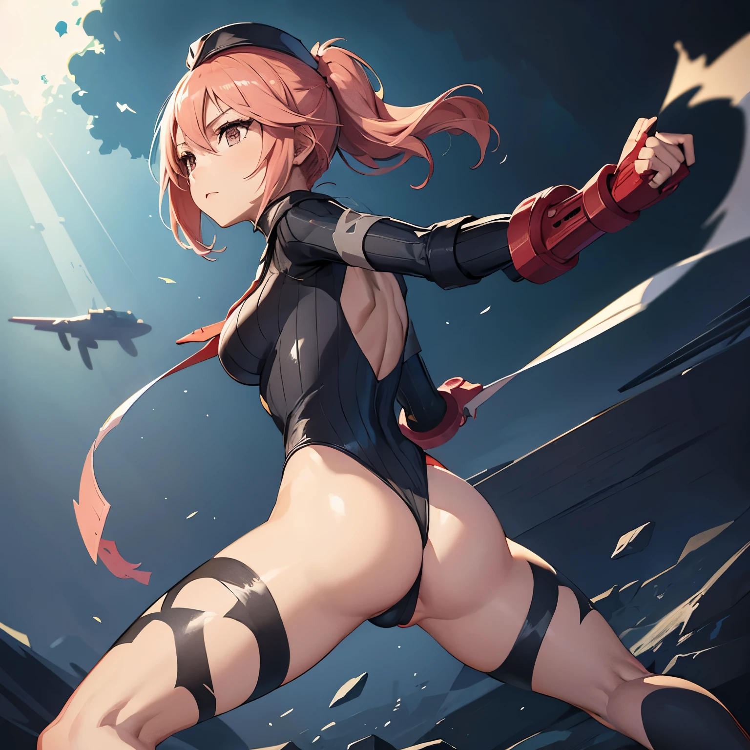 ultra-detailed, Explicit, Beautiful body, Beautiful Nose, Beautiful character design, perfect eyes, perfect face, ultra highres, 4K, beautiful legs, perfect legs, Nice hands, Perfect hand, Masterpiece, Best Quality, Highly detailed, illustration, absurdres, perfect anatomy, street fighter, doll suit, shadaloo doll, dollsuit, expressionless, blank eyes, looking at viewer, red gloves, emotionless, black latex, corrution, mind control, female combatant, full body, hypnotized, unhappy trance, full body suit, ribbed bodysuit, both arms at side, obey, perfect female body, extremely glossy latex, hypnosis, hypnoLora, empty eyes, Mind control device, poses, submissive_pose, Slave, standing straight, standing, standing at attention, hat, necktie, belt, latex, ribbed bodysuit, thighhighs, garter belt, Fighting Stance, extending the right arm from the shoulder into the air with a straightened hand, military, thigh boots, 1girl, hair ornaments, pink hair, long hair, red eyes, (((pixel-perfect, detail-perfect))), solo, 1girl, yuuki Yuna, Yuki Yuna is a Hero, long ponytail, straight hair, view from back, looking from back, ass