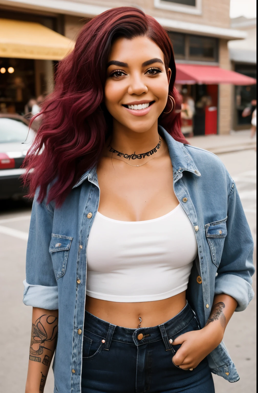 —Kourtney street photography photo of a young black woman with burgundy hair, smile, happy, white shirt blue jeans, tattoos on her arms, drinking Starbuck