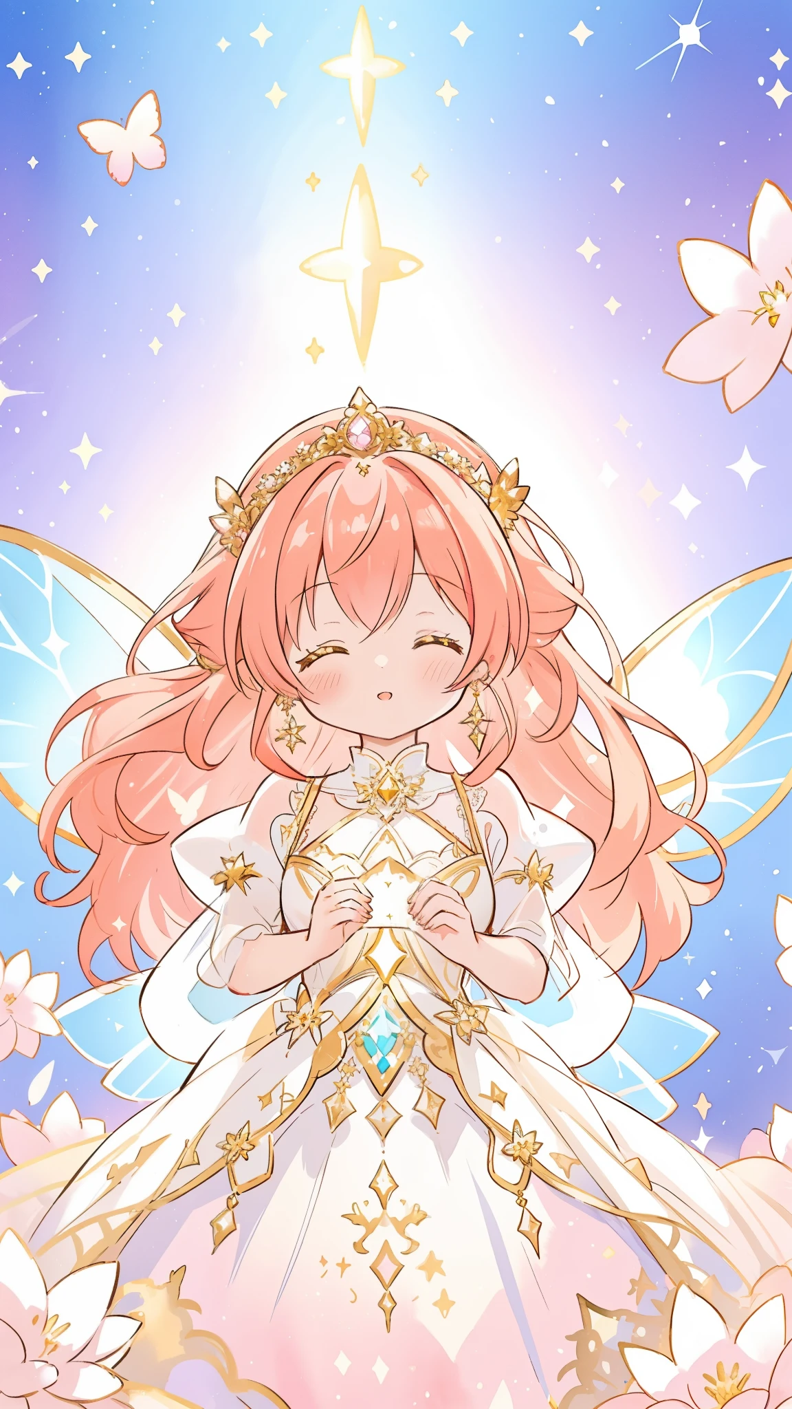 beautiful fairy girl in sparkling white layered dress, puffy flowing dress, sheer fluttering sleeves, ((sparkling fairy dress)), long red gold hair, colorful fantasia background, delicate white flowers, watercolor illustration, beautiful, masterpiece, best quality, vibrant pastel colors, colorful, vibrant, sharp focus, highly detailed, intricate details, golden ratio, perfect composition