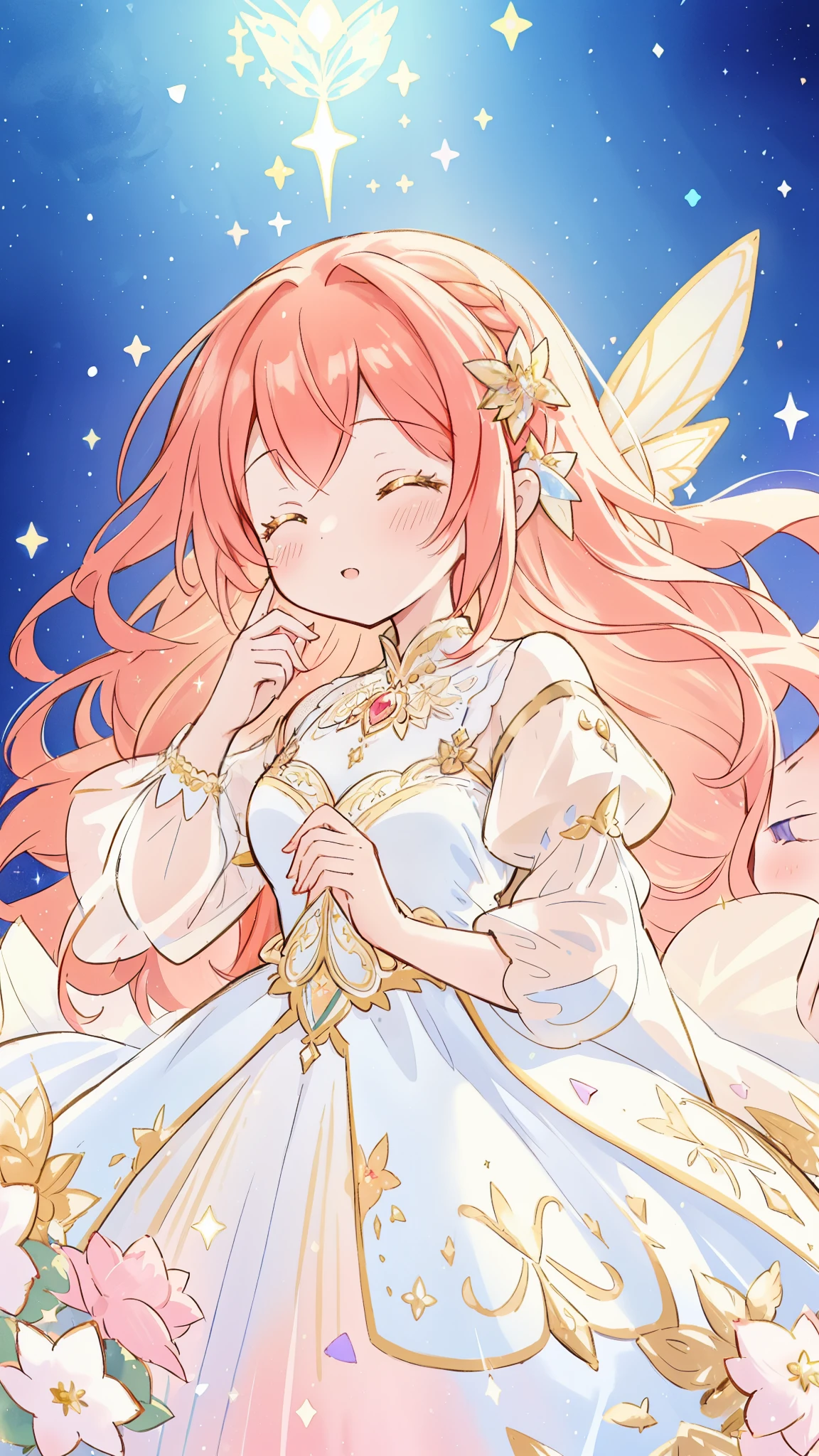 beautiful fairy girl in sparkling white layered dress, puffy flowing dress, sheer fluttering sleeves, ((sparkling fairy dress)), long red gold hair, colorful fantasia background, delicate white flowers, watercolor illustration, beautiful, masterpiece, best quality, vibrant pastel colors, colorful, vibrant, sharp focus, highly detailed, intricate details, golden ratio, perfect composition