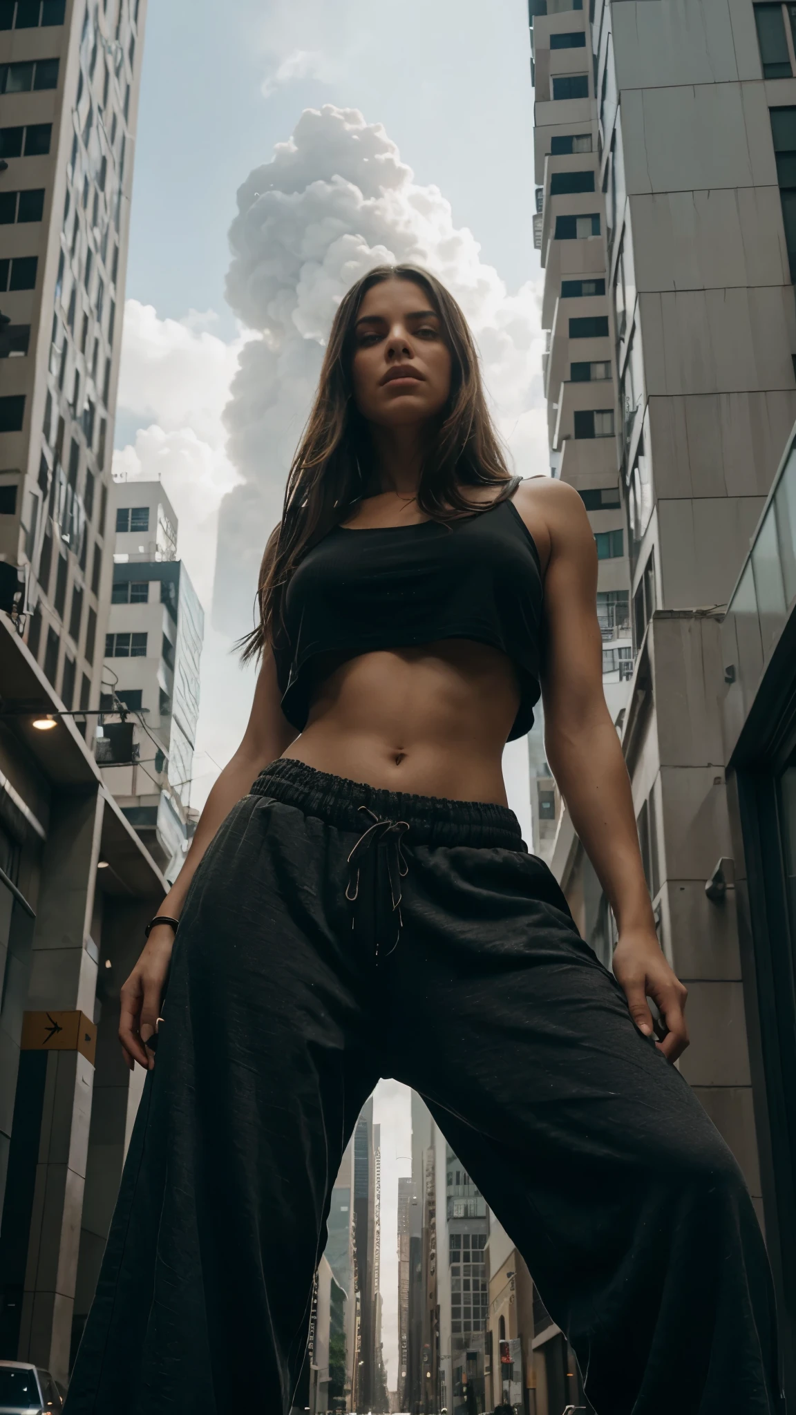 "A towering Giantess in a cool and laid-back hippie style is rocking a crop top and baggy pants. Her toned and athletic build hints at her massive strength. She seems to be Indian origin and casually strolling through the bustling cityscape of Gurgaon City, as towering buildings loom overhead. Smoke and clouds roil around her, adding to the sense of epic scale and drama. The lighting is dark, gloomy, and realistic, creating a tense and ominous atmosphere. The perspective is from below, emphasizing the sheer majesty and power of the Giantess."