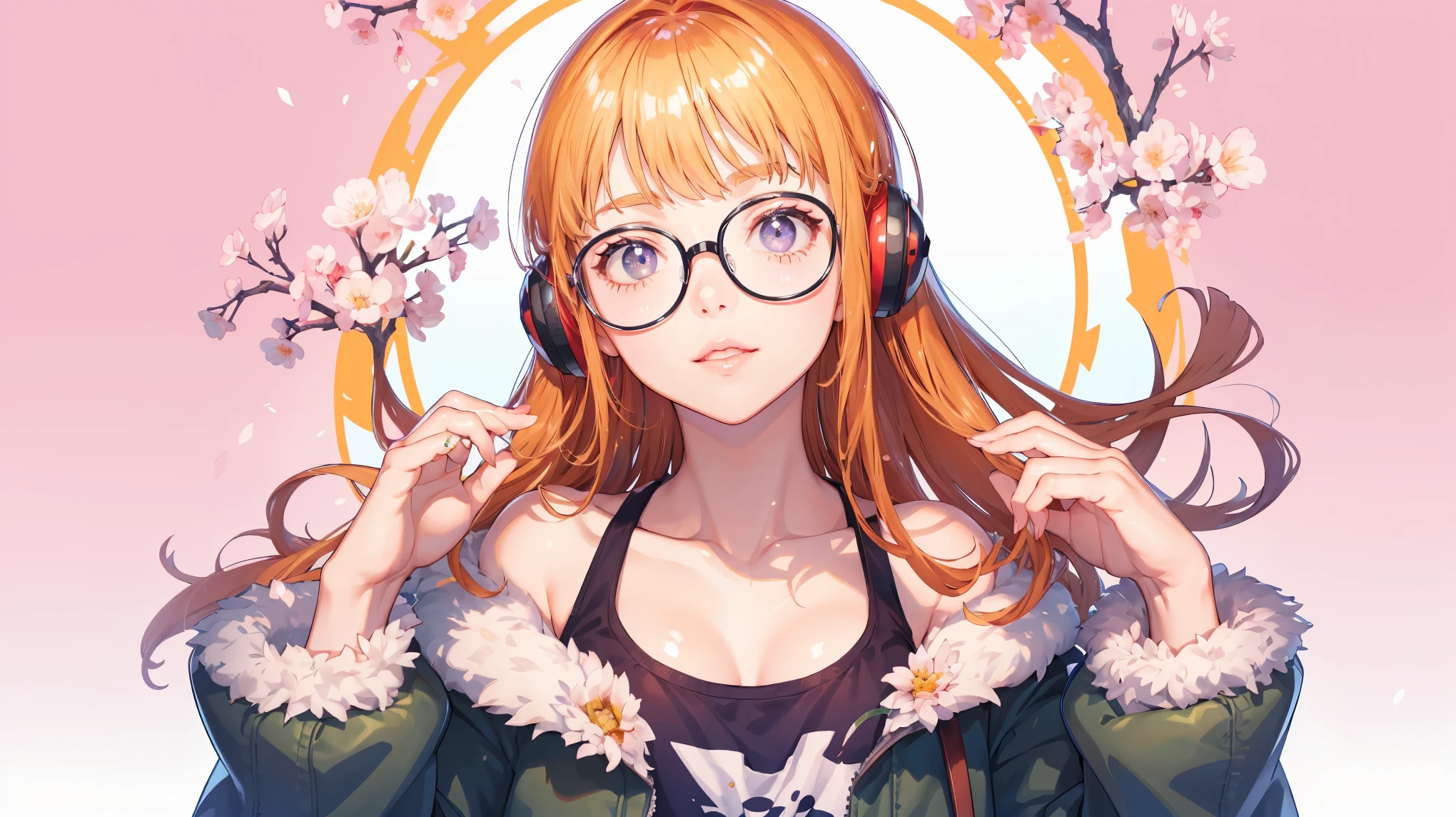 masutepiece, Best Quality, hight resolution, 1girl in, futaba sakura, Blunt bangs, eye glassesの,purple eyes、紫色の瞳 , Ahoge,orange color hair、  eye glassesの, headphones,  bura, Jacket, off shoulders, Fur trim, fur-trimmed jacket, Green jacket, Shorts, ,the golden hour,A smile that showed teeth、1black cat、tea shop、On the counter、Coffee、futaba sakura、Purple eyes、orange color hair、eye glasses、,​masterpiece、top-quality、Official art、illustratio、ligne claire、(Cool_Color)、perfect-composition、focal、acurate, Anatomically correct、 、hight resolution, Beautiful detailed glow, masutepiece*Portrait, 3D Face, Realistic, (masutepiece: 1.3), (max resolution: 1.2), (Ultra HDTV: 1.2), cinematric light, 8K resolution, phi ,​masterpiece、top-quality、Ultra Detail、(((shiny lips: 1.4)))Beautiful face, acurate, Anatomically correct, phiAlways detailed face and skin texture, Detailed eyes, Double eyelids, tThin eyebrows、 pale skin, Lustrous skin all over the body, Perfect face,Always detailed face and skin texture, Detailed eyes, Double eyelids, Thin eyebrows,Natural cheeks, Glossy skin, Fair skin: 1.2, (Glossy lips: 1.4), (((最高にbeautiful a girl)))、(((beautiful a girl)))、（little blush）、（Beautiful face）、
Delicate and beautiful hair, Delicate and beautiful eyes and face, (Beautiful gorgeous cute western woman:1.3),)(((Very Beautiful face))))(((long lashes))))(((Circular twinkling eyes)))(((Glossy and glossy lips)))
(((Cheeks with a slight reddish tinge:0.8)))(((Neat and straight nose bridge)))、(((Cowboy Shot)))crouching cowgirl,