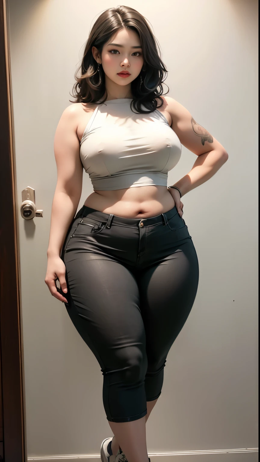 ((best quality)), ((masterpiece)), (detailed), perfect face, araffe woman in a dark Indonesian outfit walking in dark room, thicc, she has a jiggly fat round belly, bbwchan, wearing Indonesian outfit formal, skinny waist and thick hips, widest hips, her belly is slightly fat and round, soft curvy shape, hyperrealistic full figure, wearing a formal Indonesian clothes , wide hips, cropped shoulders,Bare belly,(big assa:0.45),,, thicc, beautiful thick female, beautiful curvy female,, Tall and tall,clear curvy details, curvy hourglass figure, alluring plus sized model, bbwchan, Voluptious body, Curvy model, Curvy body, Be red in the face, 1girll, a matural female, A MILF, the golden ratio,(Kpop idol),(Oil skin:0.72), (Oil skin:1.1), iremuzi tattoos on thighs, big tattoo on thighs, japanese goddess , korean Goddess , milky white skin, wearing longest clothes, wearing sneakers , wavy short hair , brown hair, wearing pants , polite clothes