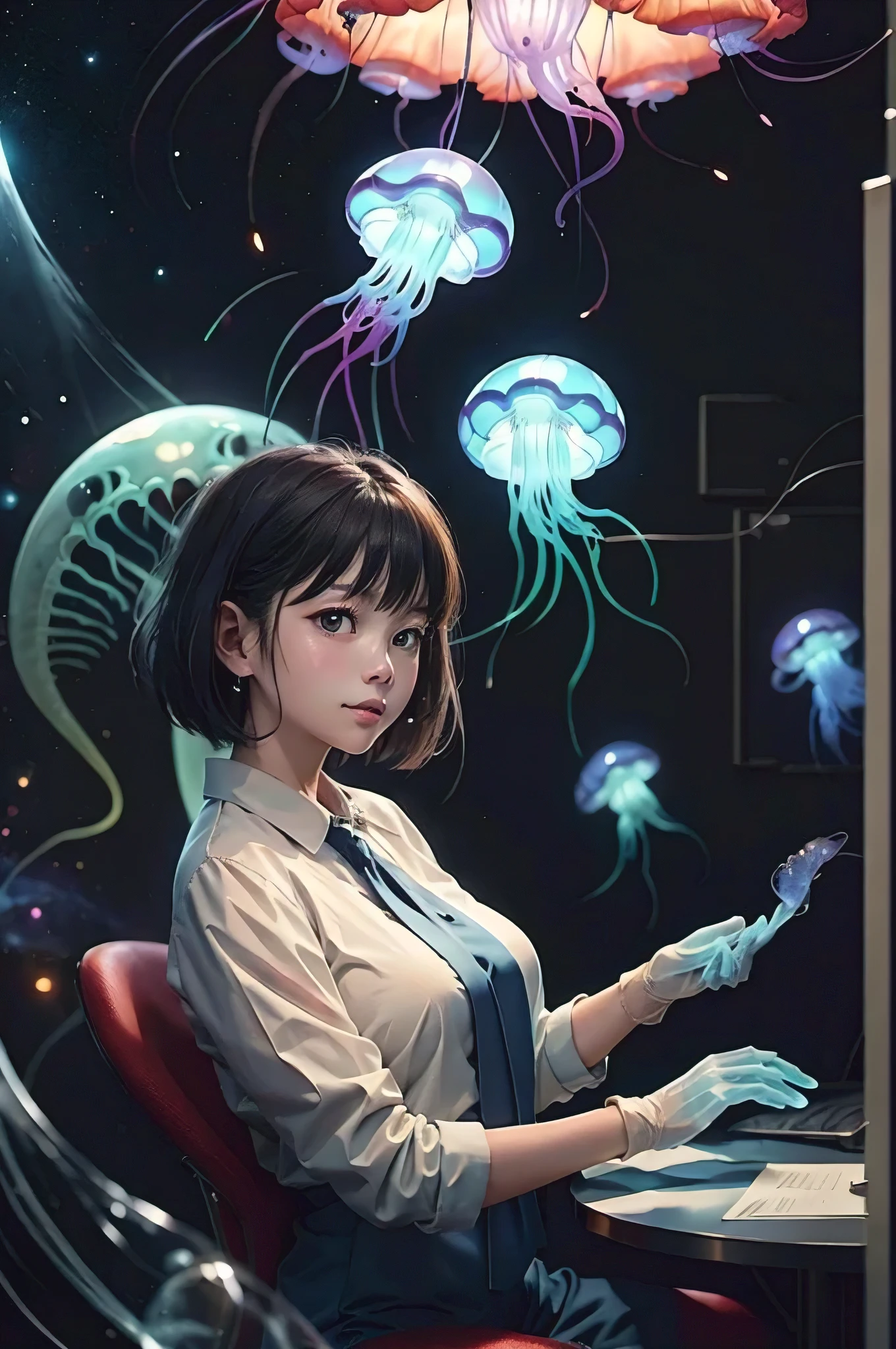 Near future、Female researcher sitting on a chair with a jellyfish in hand、(A translucent jellyfish-like space creature that shines in seven colors appears next to the woman..)、colorful,(masterpiece:1,2), highest quality, masterpiece, High resolution, original, highly detailed wallpaper, 1 girl ,smile,alone, original_clothing,Dress like work clothes, gloves, chest, uniform, large chest, creatures of space、short hair woman、Asian female researchers、A female researcher who conspires with aliens to commit evil acts..、wolf cut hair、jellyfish collector、赤いgloves、A translucent jellyfish is flying behind、