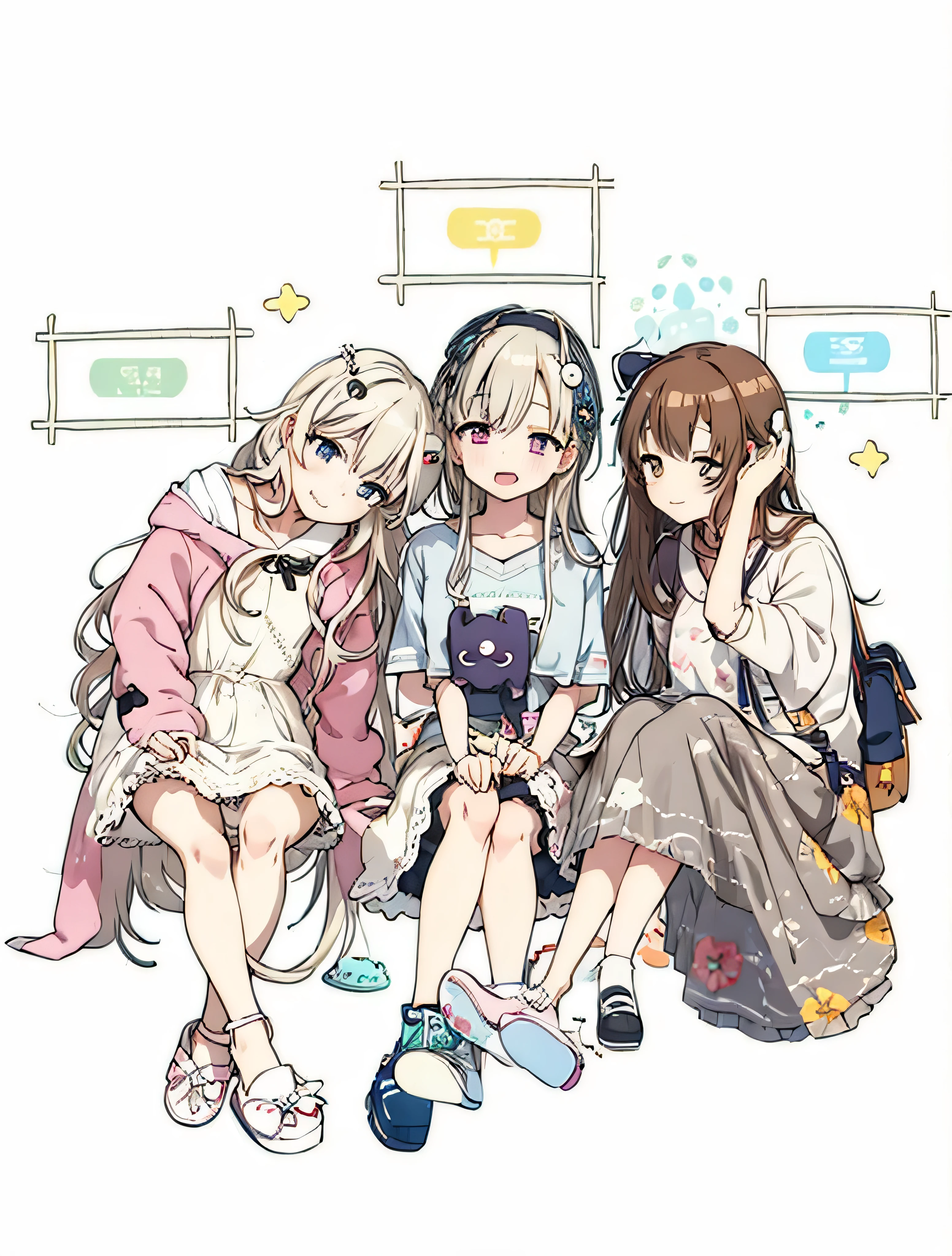 three anime girls sitting on a bench with their legs crossed, infp girl, pixiv style, inspired by Ib Eisner, infp young woman, pixiv, in anime style, at pixiv, ddlc, anime visual style, anime asthetic, ig studios anime style, trending on pixiv, top rated on pixiv, with index finger