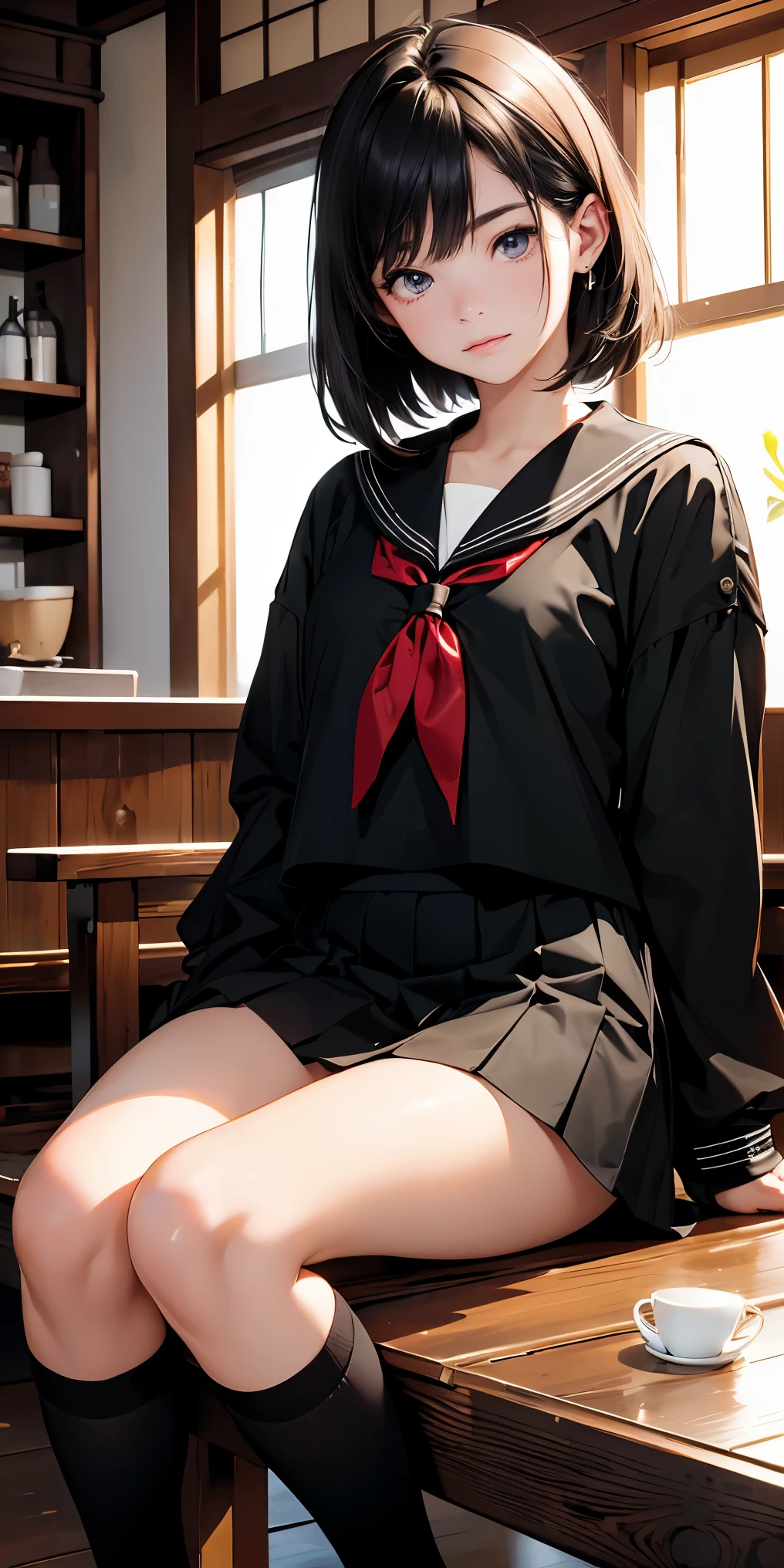 8K, masterpiece, highest quality, ultra high resolution, highest resolution, very detailed, professional lighting, orange light lighting、Backlight、Detailed CG、Low angle from the front、full body shot、Beautiful woman、beautiful eyes、(detailed face and iace:1 2)、narrow eyes、almond eye、brown eyes、gradation eye、highlight:1.2)、(beautiful black hair、long hair、asymmetrical bangs、(plump lips) 、(oval face : 1.4)、(thin fingered arms、detailed human hand)、(table top, highest quality:1.2), nostalgic、wooden warehouse、Scenery with Japanese wooden houses、sitting in veranda、ancient folk house、pine trees、plant、Beautiful Japan garden、The bright red sunset is beautiful、vapor、mist、white breath、full body pose、A girl who blends into the scenery、sitting in a chair、Beautiful woman, small face、white skin、very cute, 17 years old、(fine eyes、bright pupils、gradient eyes:1、細かく描かれたbeautiful eyes:1、symmetrical eyes:1、目の大きなhighlight:1.2)、thin hair、brown eyes)、Breasts are medium in size、(black brown hair、very short hair:1.4)、(black sailor suit、serafuku:1.4)、thin and long legs、beautiful hip line、beautiful spine、constricted back、tight waist、JK black skirt 、pleated skirt、Hip line emphasis、black socks、black stockings、brown eyes,face is a little red, beautiful breasts、Breasts are A cup、shoes are loafers、long hairの枝毛) 、(round face: 1.4)、gentle smile、open your mouth、teeth visible、black knee high socks