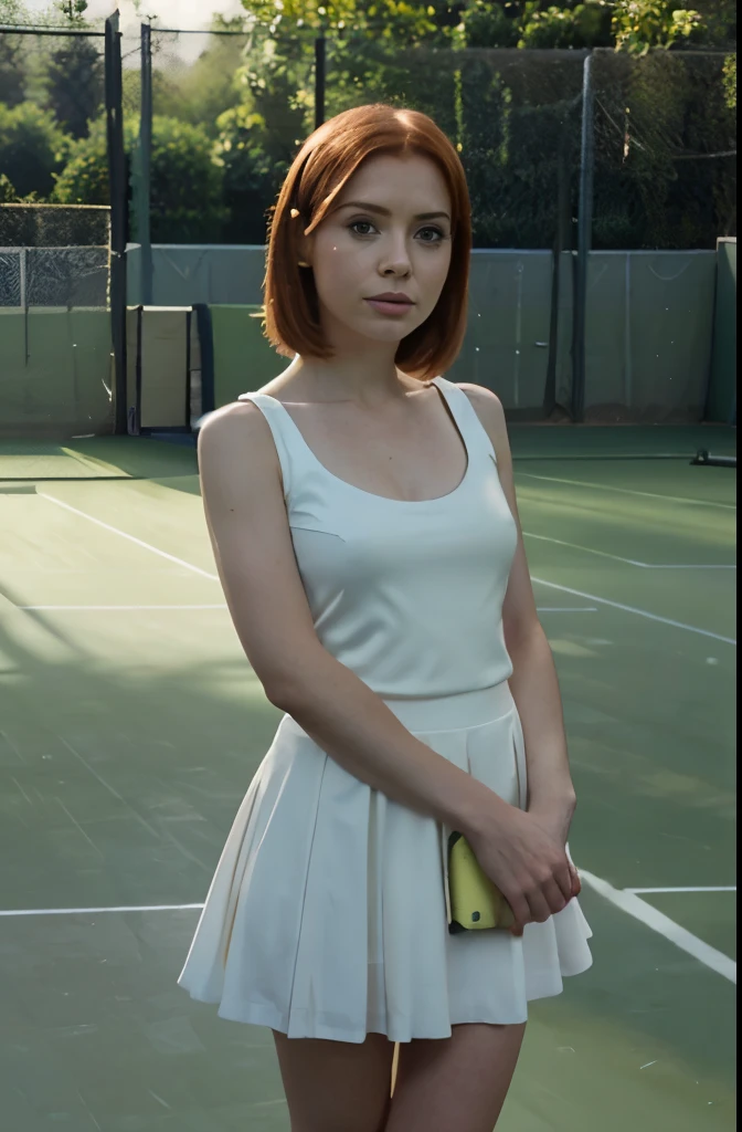 (Karen Gillian),  wearing a tennis dress, short skirt, scene a tennis court, looking at the viewer. Digital photograph, photorealistic, Nikon D350, ISO 200