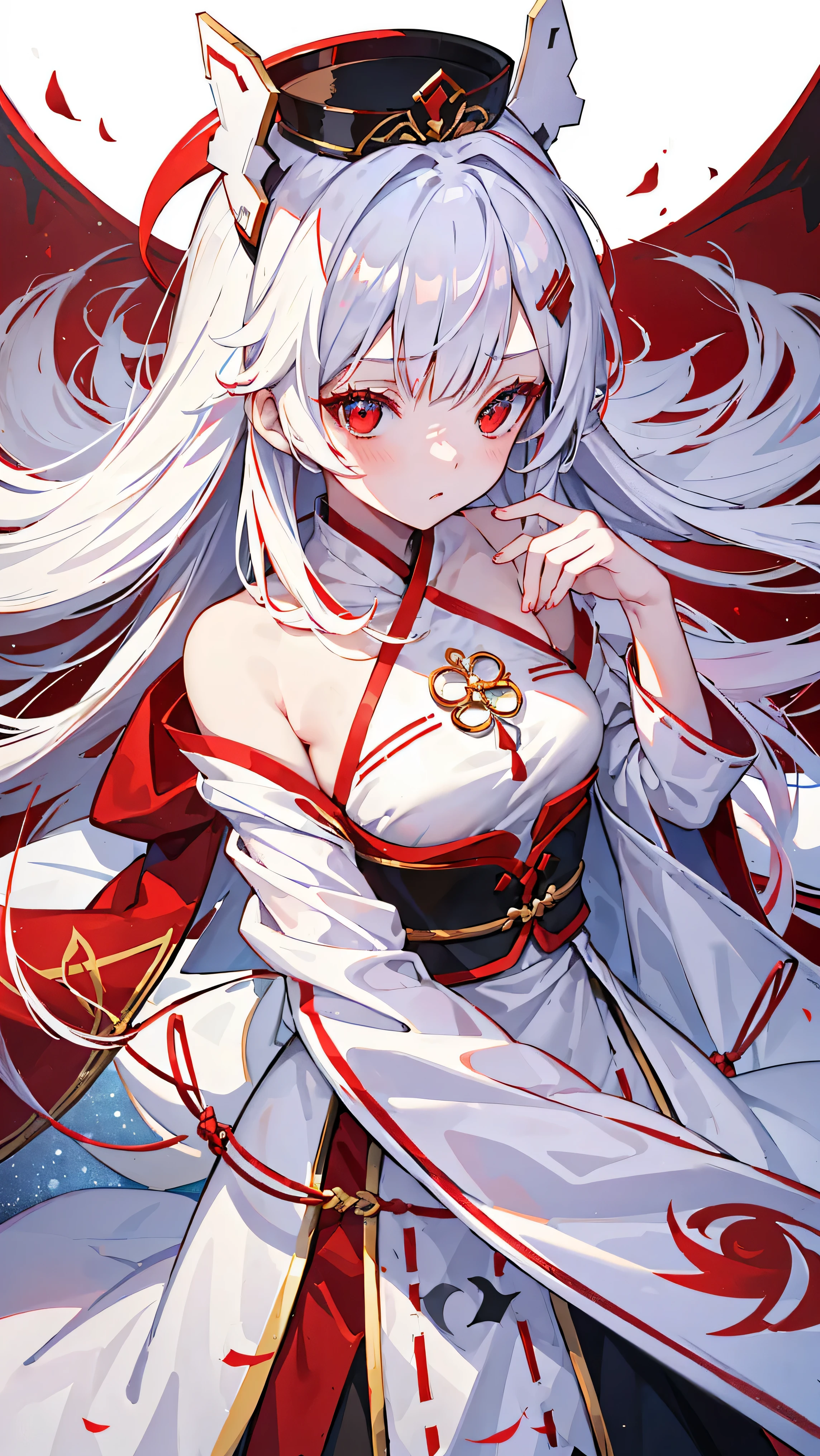 Women(alone), very long white hair,Red eyes,red and red kimono that reveals her shoulders, big breasts, tight