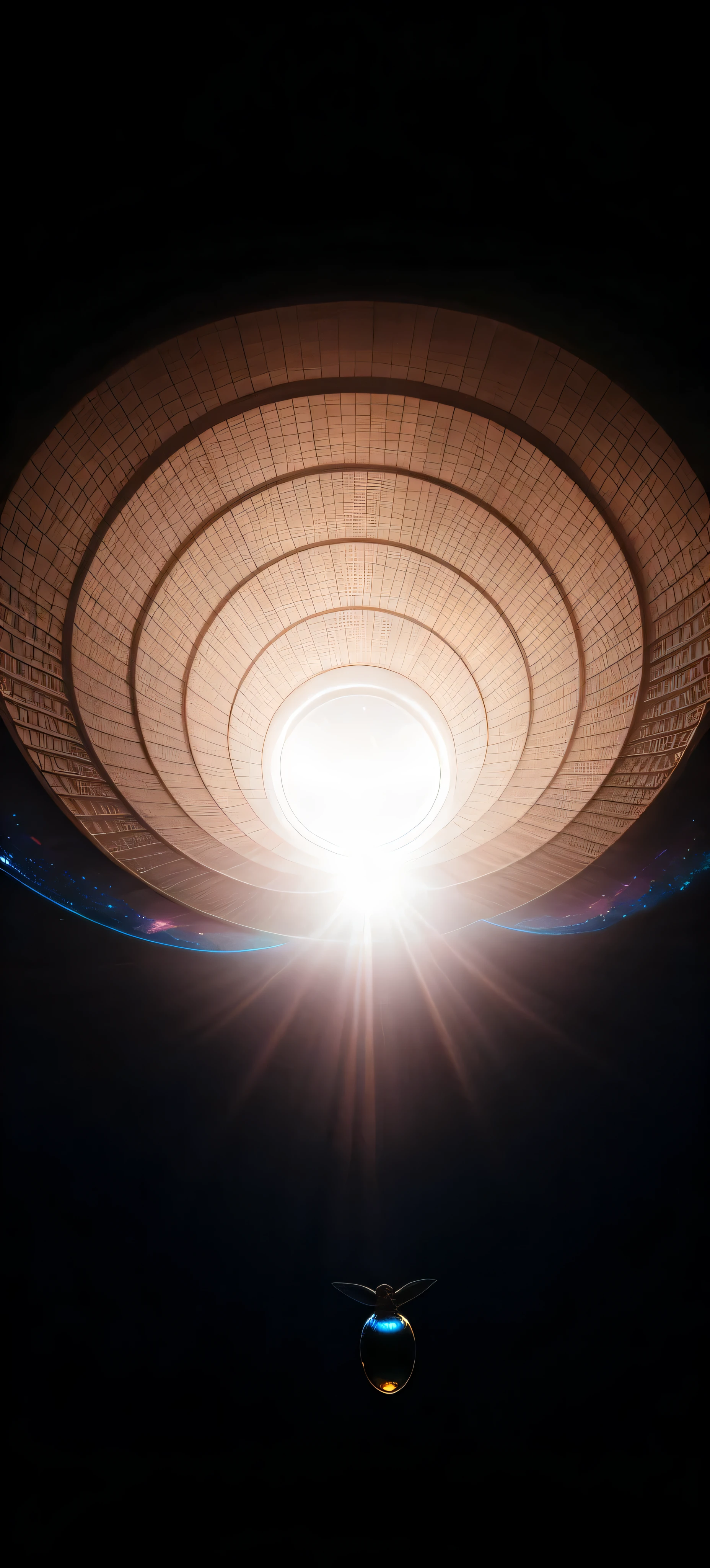 Ceiling lights illuminate view of Araf, Inside the UFO, Volumetric light , surreal, majestic interstellar portal, author:Anna Forsley, realism | hummingbird, light at the end of tunnel, lit from below, light from top, by bee, wormhole, from below