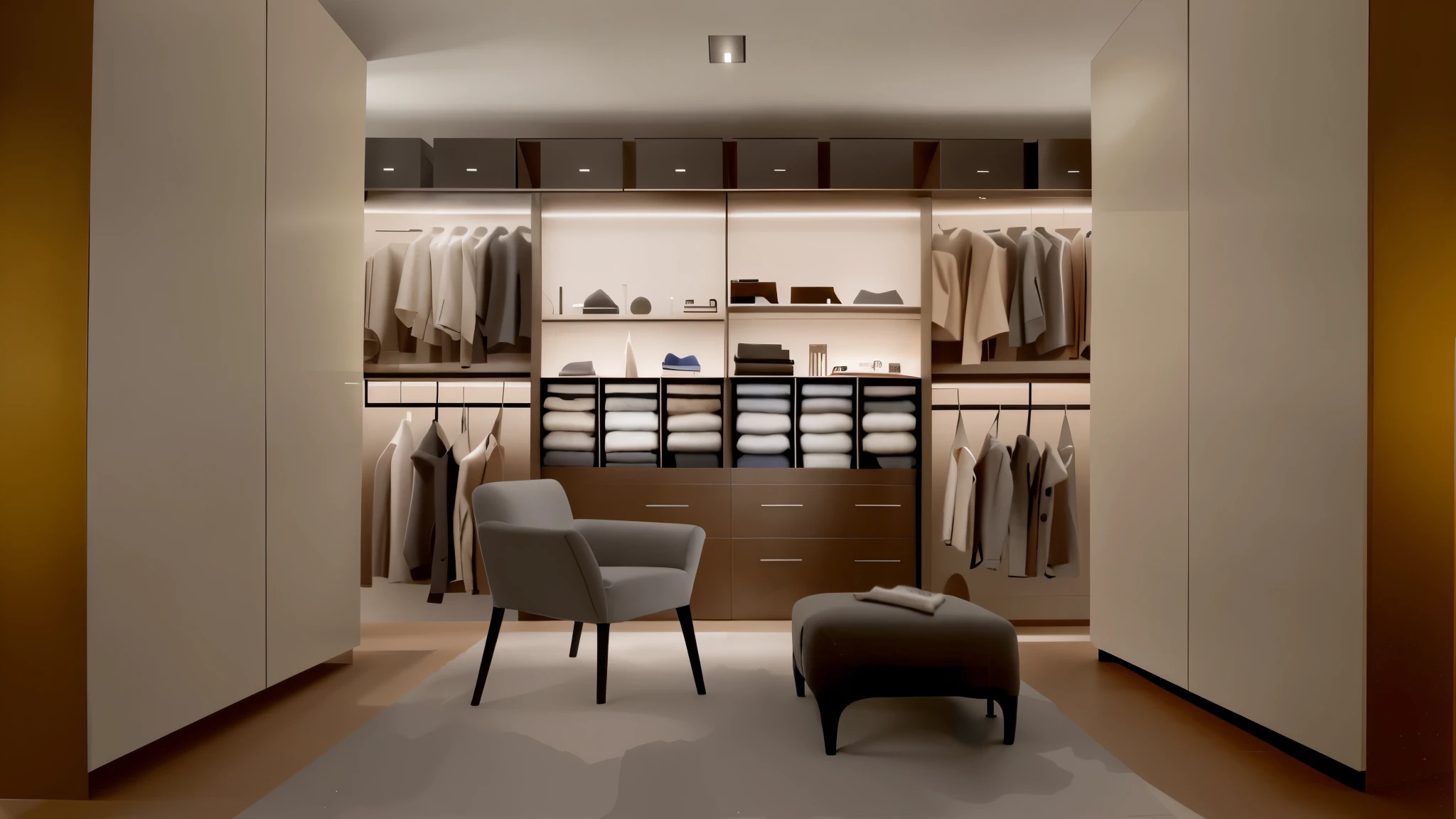 There is a chair and a footstool in Arafad's wardrobe, elegant wardrobe, Elegant futuristic wardrobe, elegant minimalism, Organized, smooth curves, Neat and tidy, author:Jürgen von Hunderberg, modern gallery furniture, armani, real reality images, designer furniture, clean and Organized, Exquisite details, Featured Collection, cabinet furniture, Live, Luxurious materials