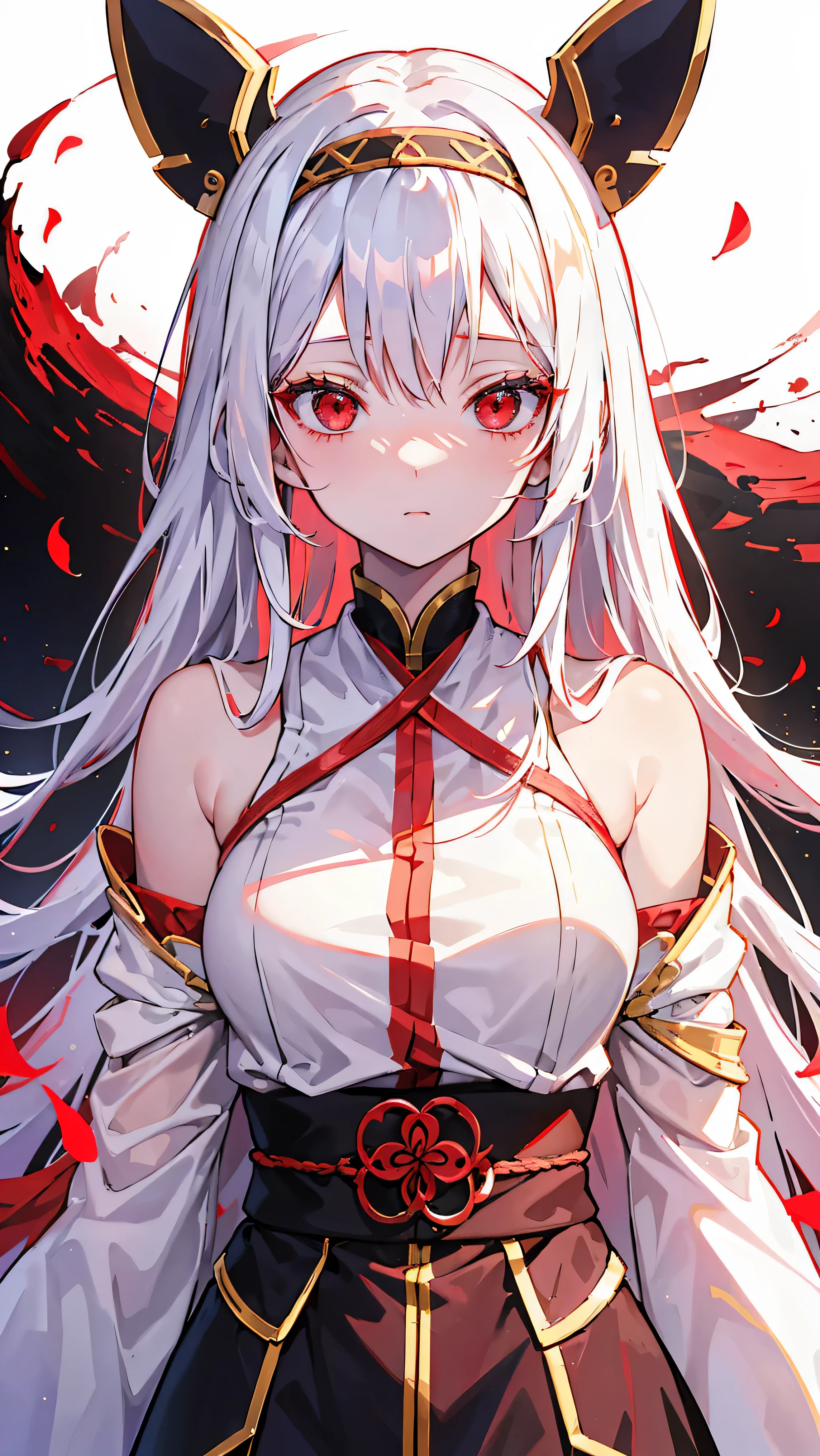 1girll, 独奏， Red eyes，White-haired god，long whitr hair，head gear，Best shadow, shallowdepthoffield, stunningly beautiful girl, , Delicate, beautiful attractive face, Masterpiece, Best quality,Sprinkle with artistic 