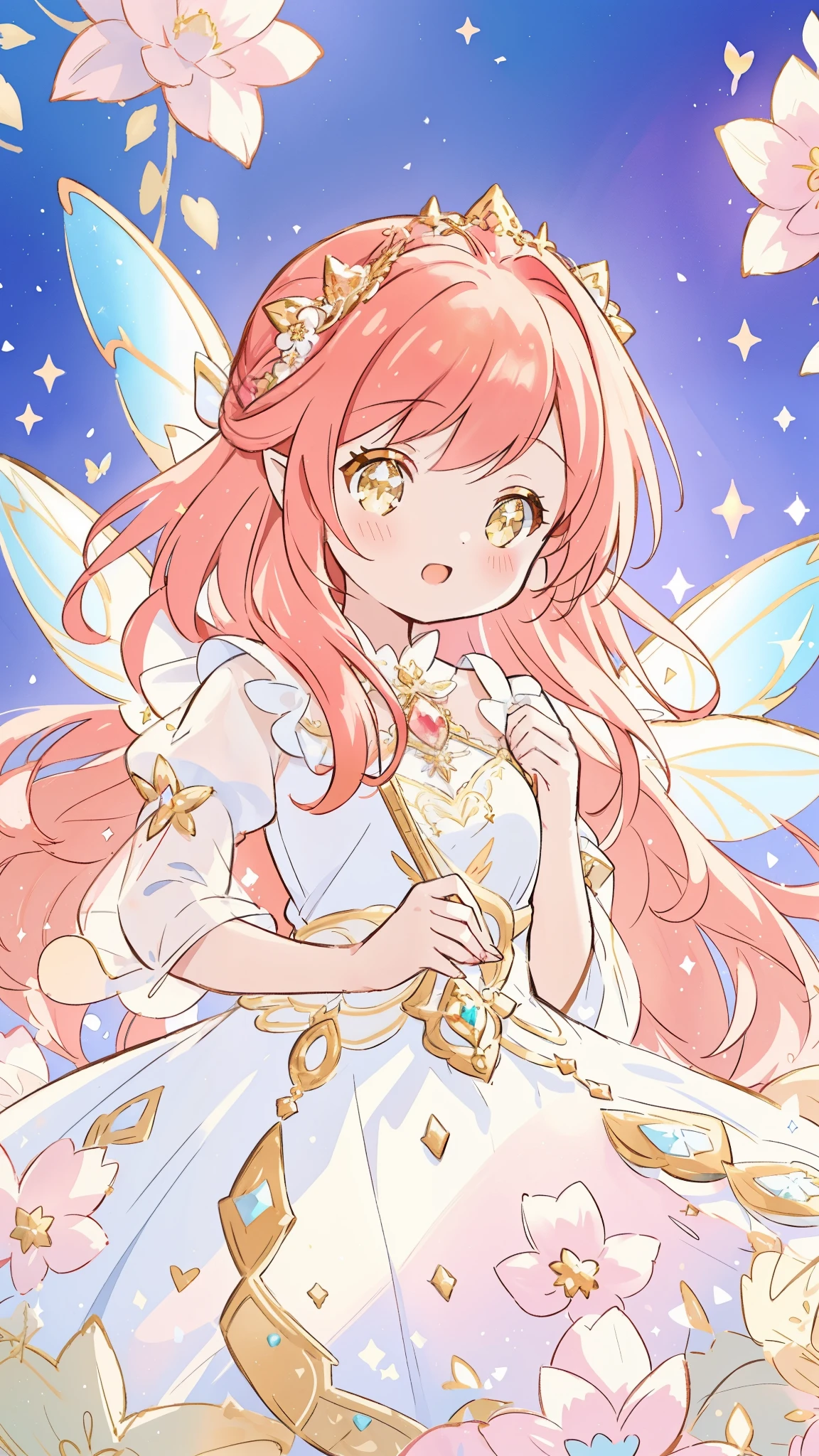 beautiful fairy girl in sparkling white layered dress, puffy flowing dress, sheer fluttering sleeves, ((sparkling fairy dress)), long red gold hair, colorful fantasia background, delicate white flowers, watercolor illustration, beautiful, masterpiece, best quality, vibrant pastel colors, colorful, vibrant, sharp focus, highly detailed, intricate details, golden ratio, perfect composition