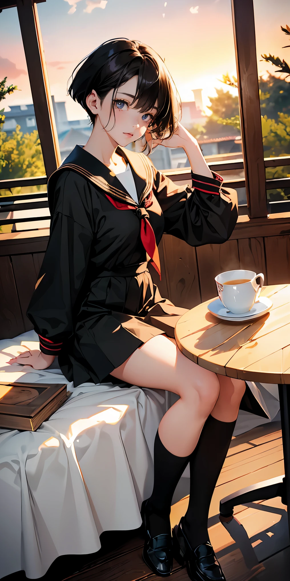 8K, masterpiece, highest quality, ultra high resolution, highest resolution, very detailed, professional lighting, orange light lighting、Backlight、Detailed CG、Low angle from the front、full body shot、Beautiful woman、beautiful eyes、(detailed face and iace:1 2)、narrow eyes、almond eye、brown eyes、gradation eye、highlight:1.2)、(beautiful black hair、long hair、asymmetrical bangs、(plump lips) 、(oval face : 1.4)、(thin fingered arms、detailed human hand)、(table top, highest quality:1.2), nostalgic、wooden warehouse、Scenery with Japanese wooden houses、sitting in veranda、ancient folk house、pine trees、plant、Beautiful Japan garden、The bright red sunset is beautiful、vapor、mist、white breath、full body pose、A girl who blends into the scenery、sitting in a chair、Beautiful woman, small face、white skin、very cute, 、(fine eyes、bright pupils、gradient eyes:1、細かく描かれたbeautiful eyes:1、symmetrical eyes:1、目の大きなhighlight:1.2)、thin hair、brown eyes)、Breasts are medium in size、(black brown hair、very short hair:1.4)、(black sailor suit、serafuku:1.4)、thin and long legs、beautiful hip line、beautiful spine、constricted back、tight waist、JK black skirt 、pleated skirt、Hip line emphasis、black socks、black stockings、brown eyes,face is a little red, beautiful breasts、Breasts are A cup、shoes are loafers、long hairの枝毛) 、(round face: 1.4)、gentle smile、open your mouth、teeth visible、black knee high socks