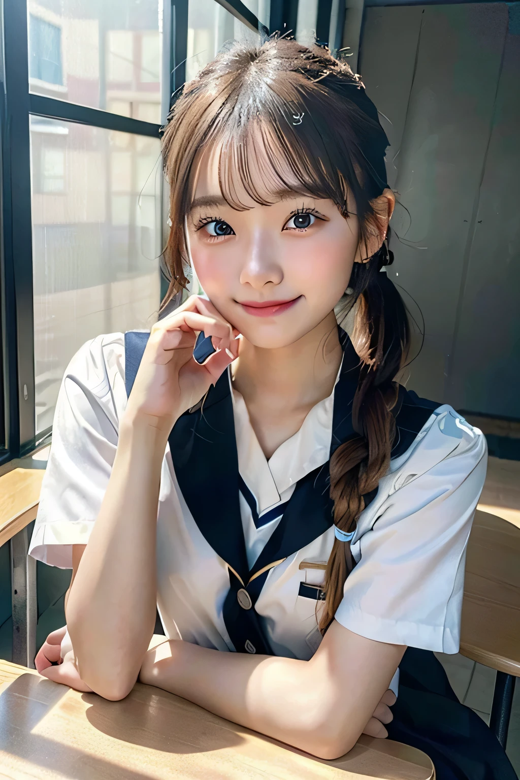 Korean, 15 years.. her hair is in a ponytail, blonde smiling. squints his eyes. South Korean school uniform, cloth. background, classroom, With friends. sitting pose on the table. Hands on the shoulders. knees spread apart. Face, (8K, Raw-Photo, Best quality, Masterpiece:1.2), ultra-detailed, ultra high resolution, (Realistic, фотоRealistic:1.2), High-resolution RAW color photography. detail, Professional photography, depth of field, very soft and beautiful, extremely detailed, WET skin