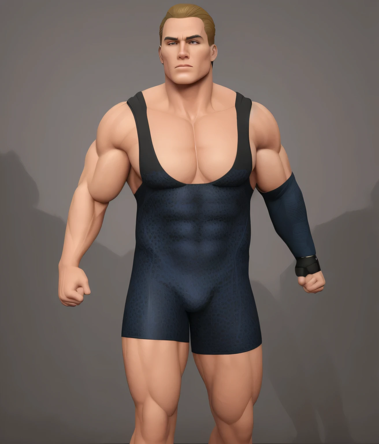 ((masterpiece, best quality)), man in a blue black wrestling suit posing for a photo, blue black fore arm sleeve with black glove, blond short hair strong facial features, robust stocky body, wrestler, beefcake pose, brock lesnar, greg rutkowski highly detailed, detailed upper body, detailed body, full body greg rutkowski, open v chest clothes, complete detailed body, muscular character, arnold 3 d render, arnold 3d render, photo realistic, intricate details