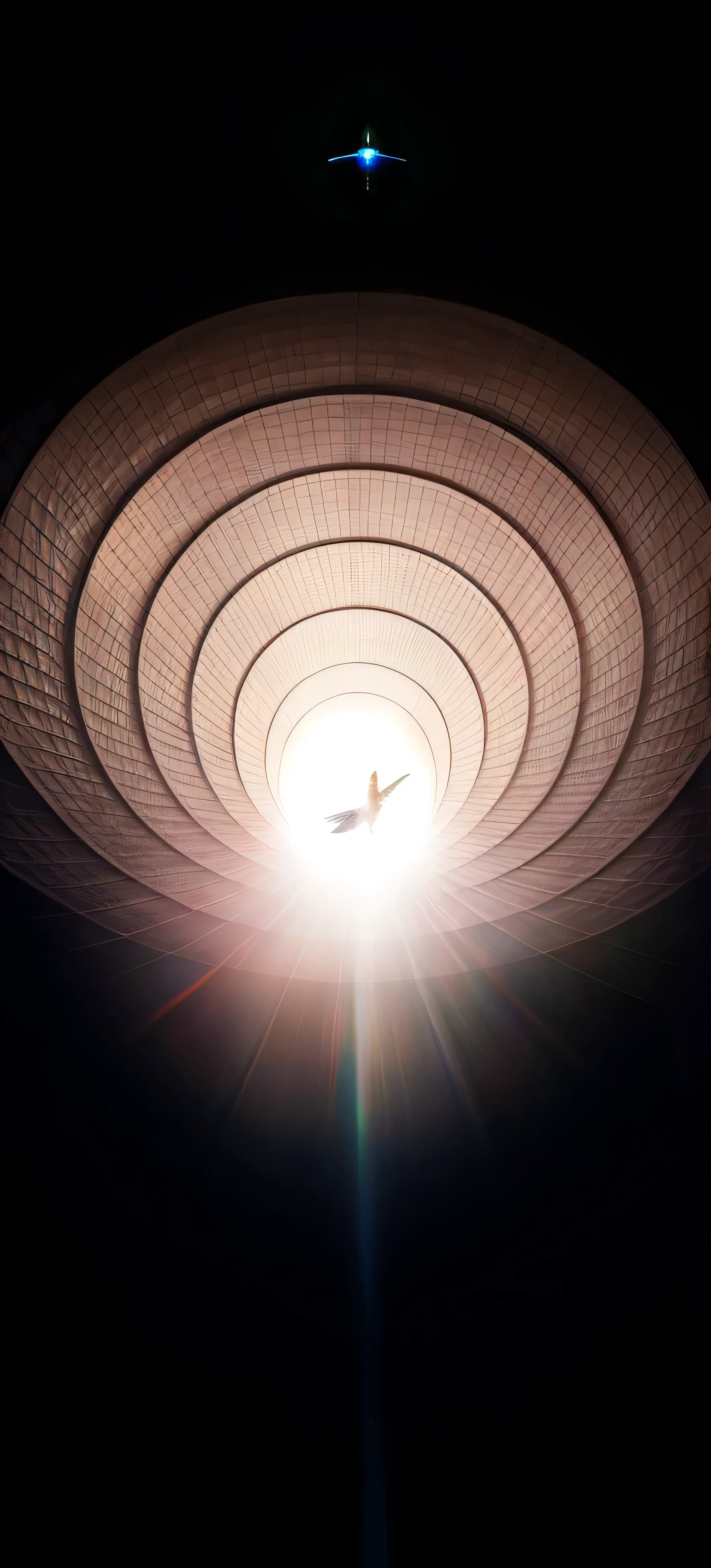 Ceiling lights illuminate view of Araf, Inside the UFO, Volumetric light ， surreal, majestic interstellar portal, author：Anna Forsley, realism | hummingbird, light at the end of tunnel, lit from below, light from top, by bee, wormhole, from below